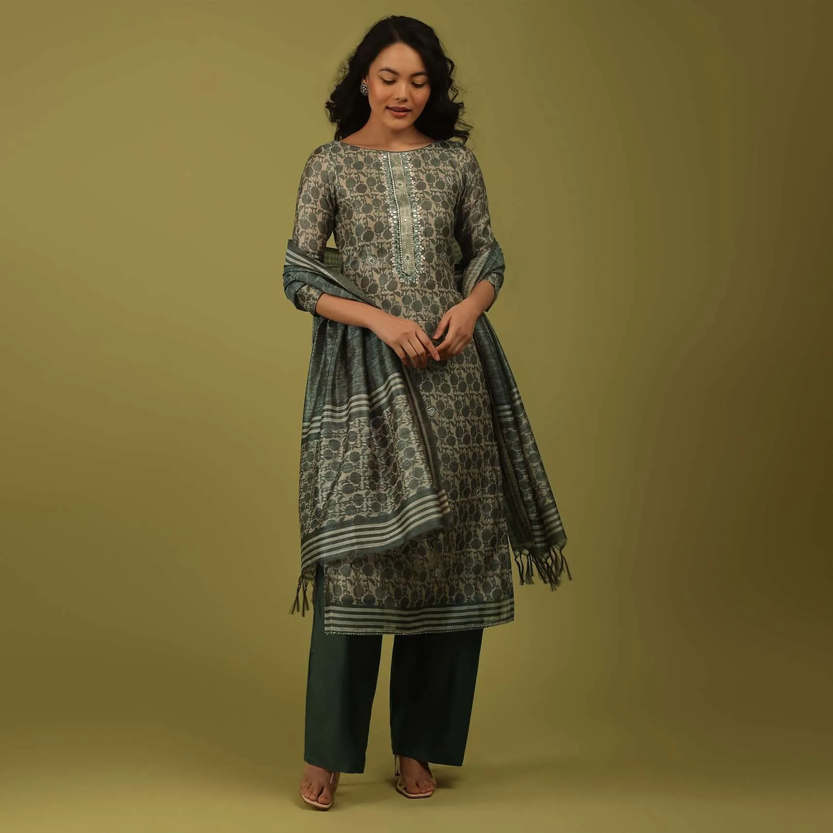 Adriatic Blue Printed Palazzo Suit In Chanderi With Embroidery
