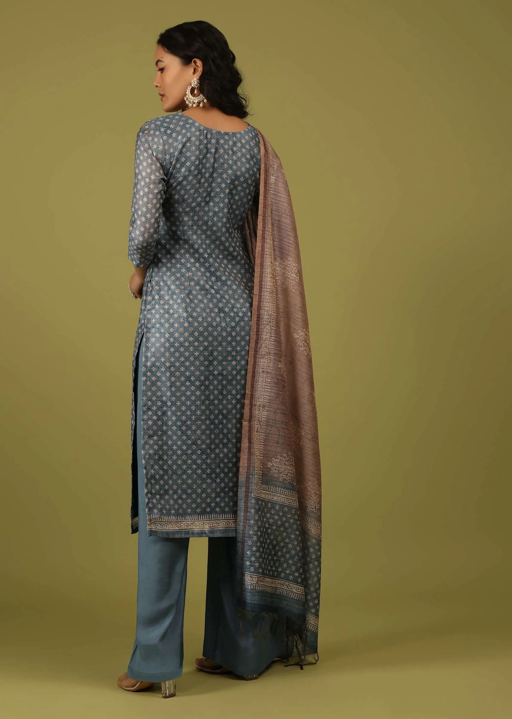 Adriatic Blue Printed Palazzo Suit In Chanderi With Embroidery