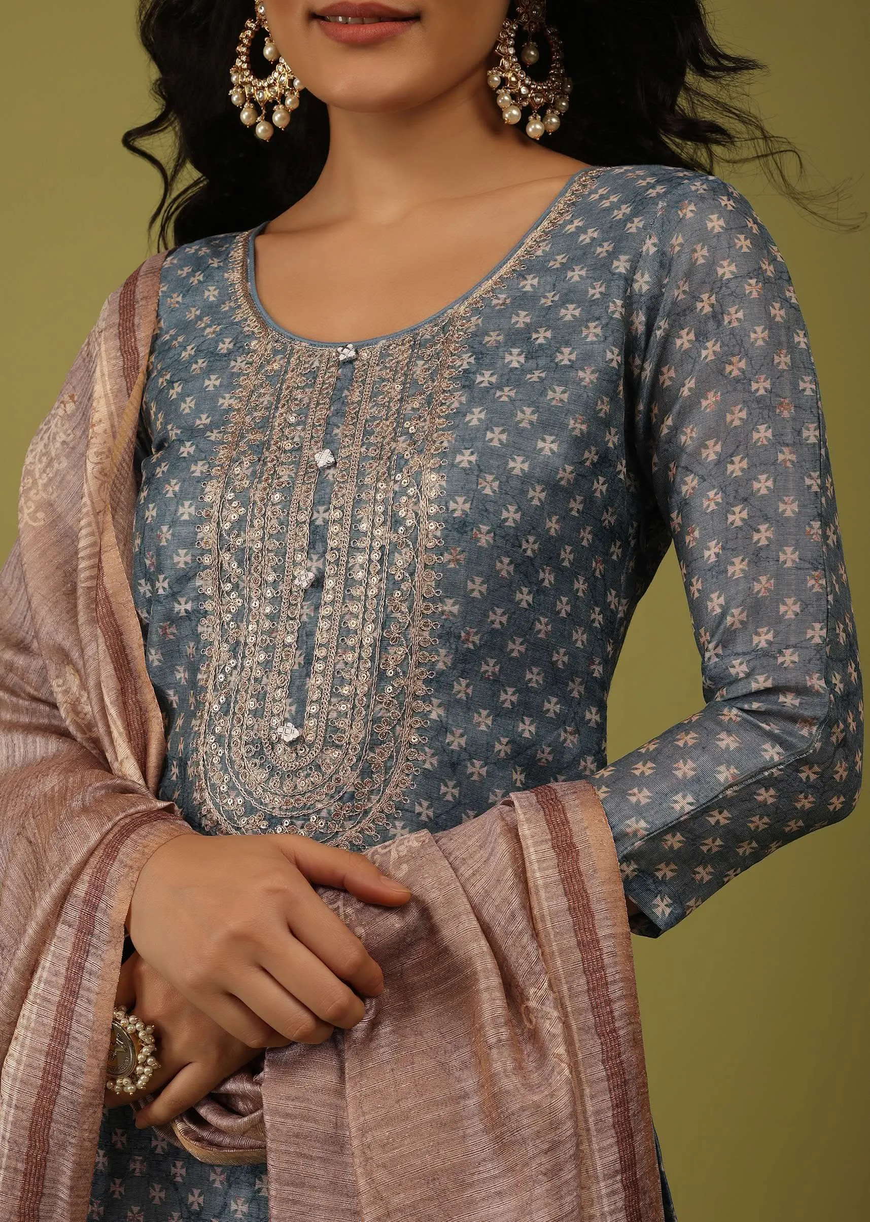 Adriatic Blue Printed Palazzo Suit In Chanderi With Embroidery