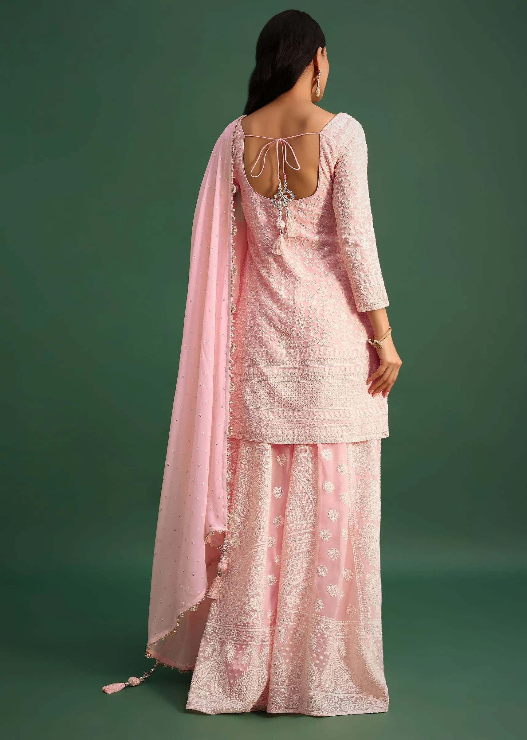 Baby Pink Georgette Kurta Palazzo Set With Lucknowi Work