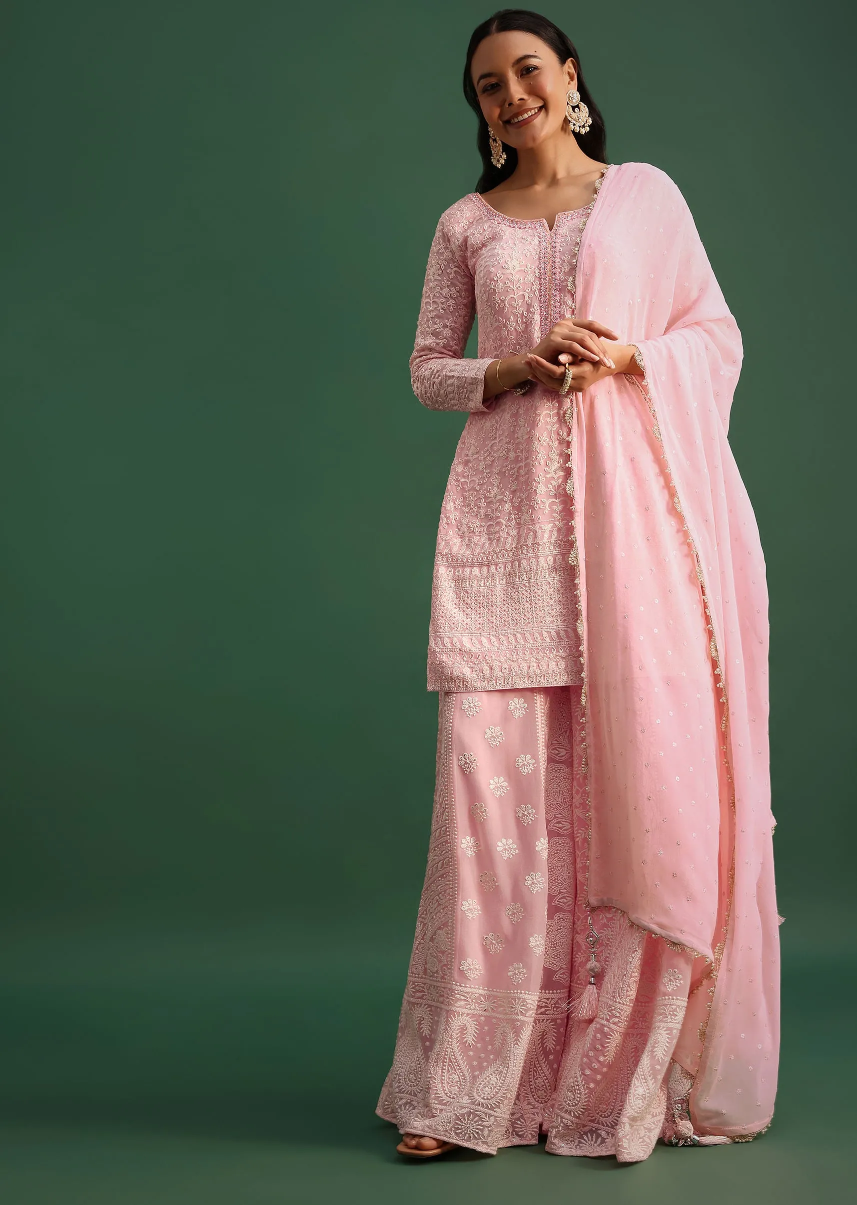 Baby Pink Georgette Kurta Palazzo Set With Lucknowi Work