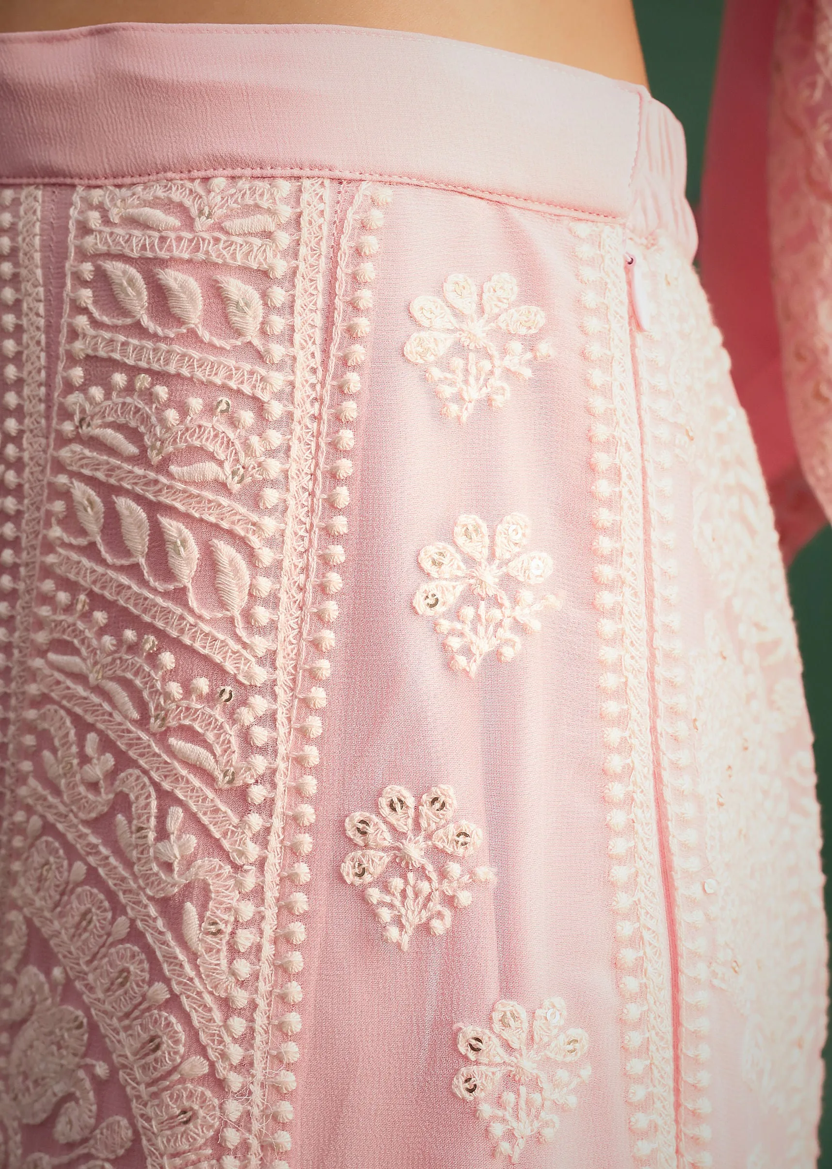 Baby Pink Georgette Kurta Palazzo Set With Lucknowi Work