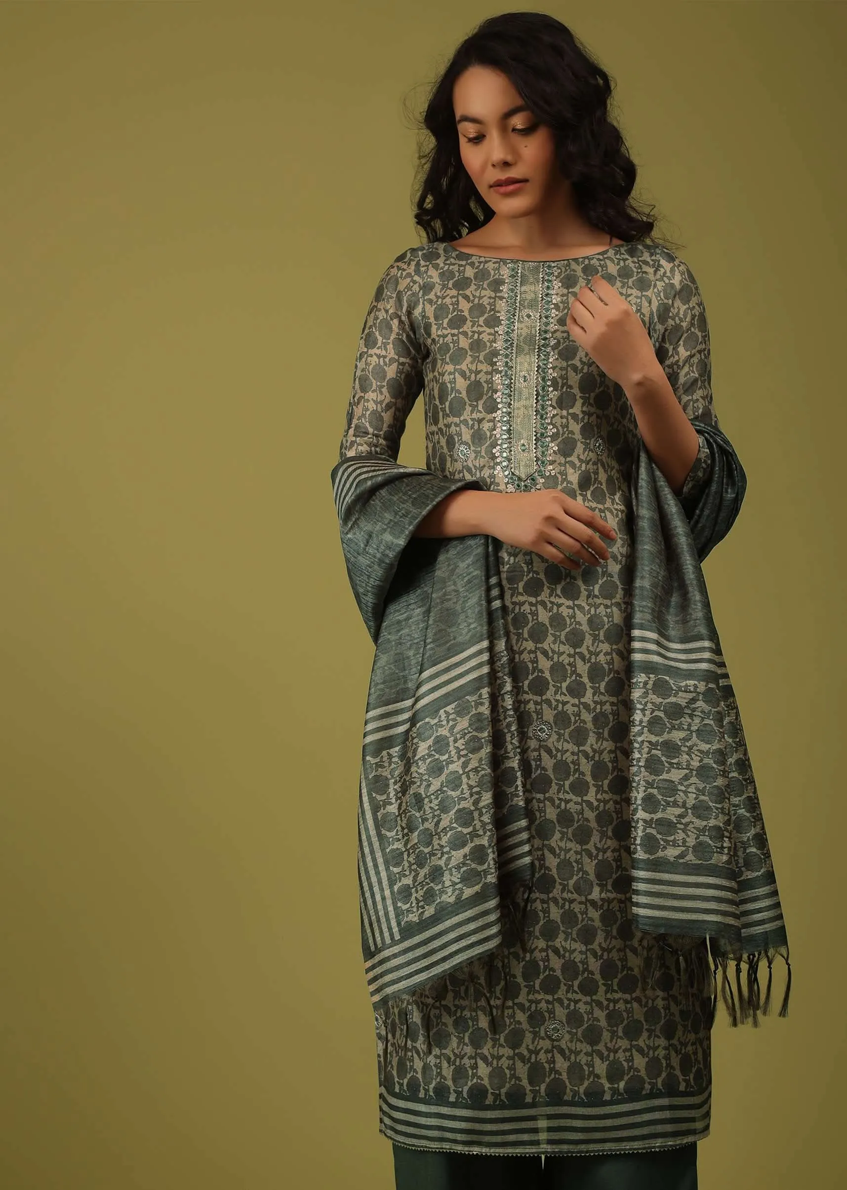 Balsam Green Printed Palazzo Suit In Chanderi With Embroidery