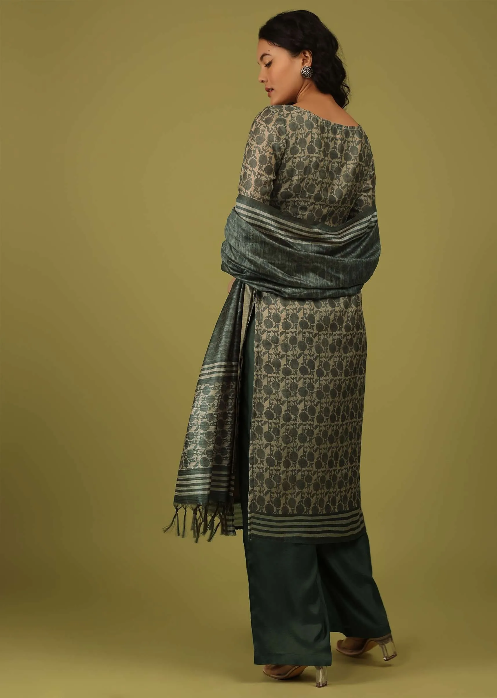 Balsam Green Printed Palazzo Suit In Chanderi With Embroidery