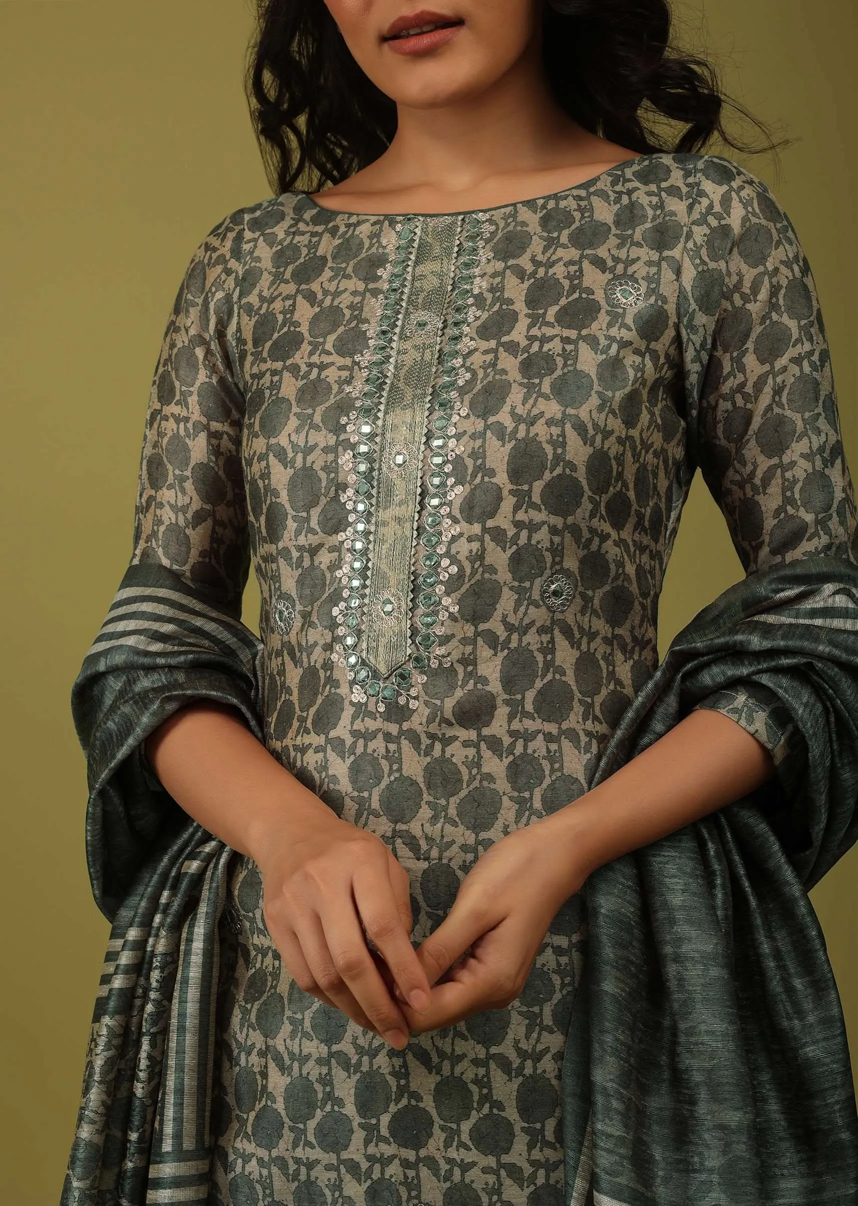 Balsam Green Printed Palazzo Suit In Chanderi With Embroidery