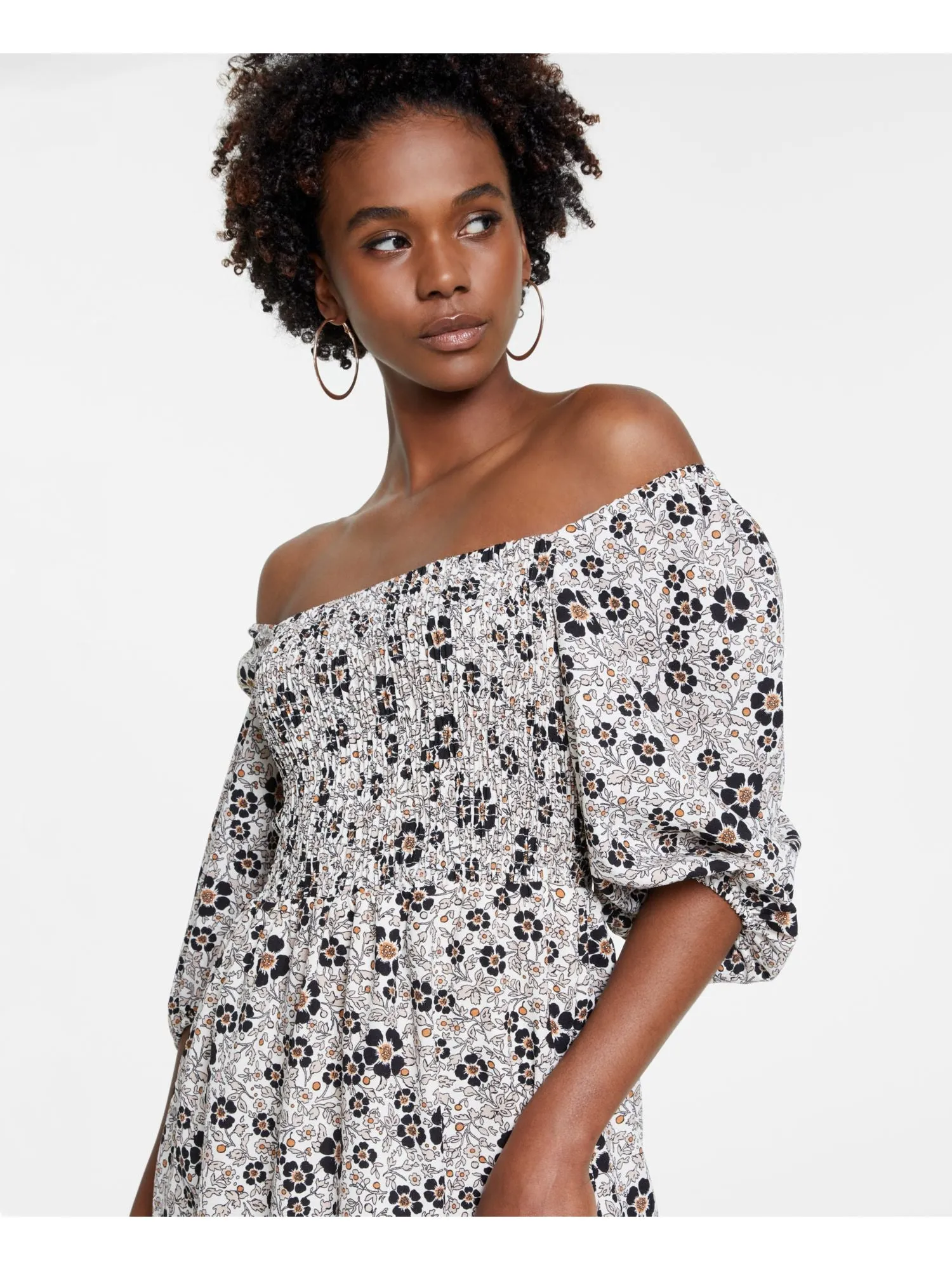 BAR III DRESSES Womens Smocked Floral 3/4 Sleeve Off Shoulder Short Party Fit   Flare Dress