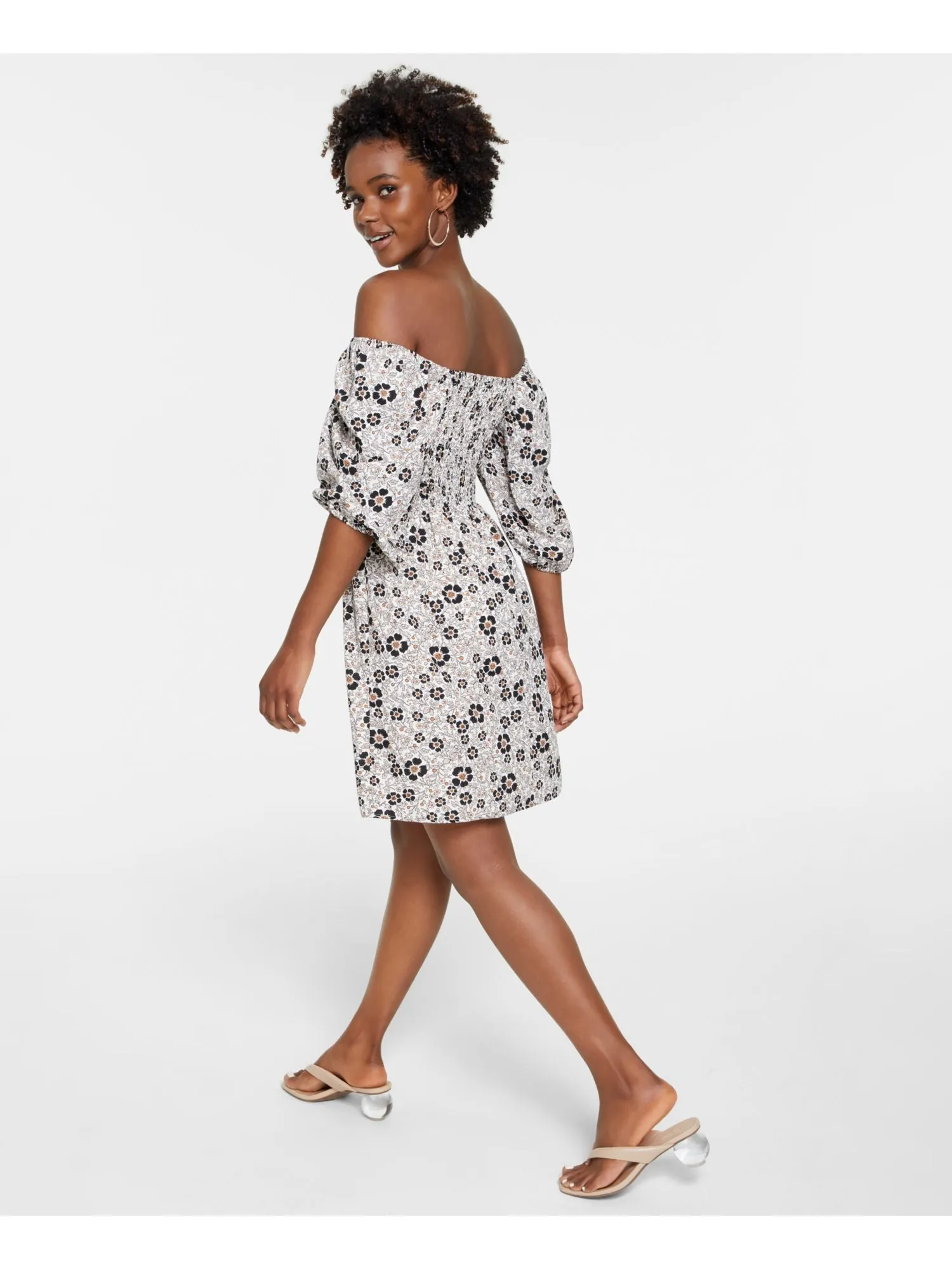 BAR III DRESSES Womens Smocked Floral 3/4 Sleeve Off Shoulder Short Party Fit   Flare Dress