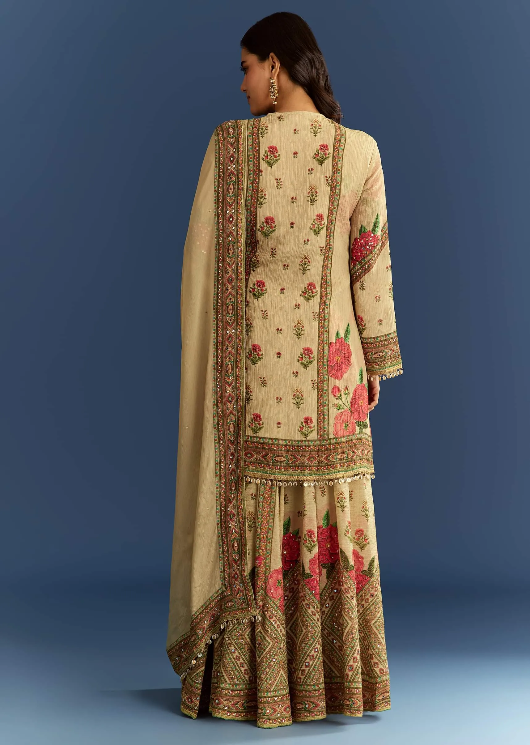 Beige Crush Tissue Floral Printed Kurta Palazzo With Dupatta