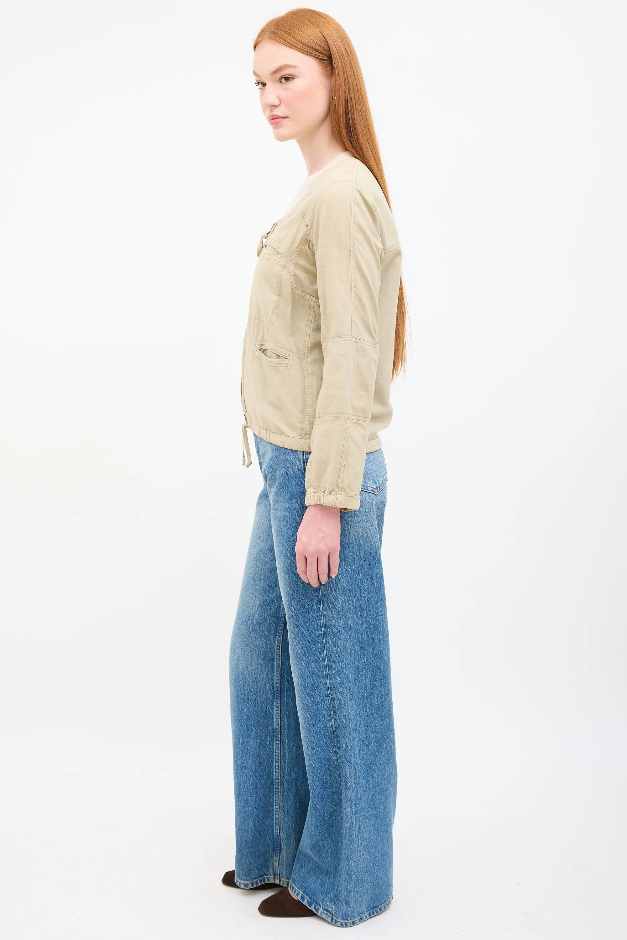 Beige Linen Utility Zip Jacket