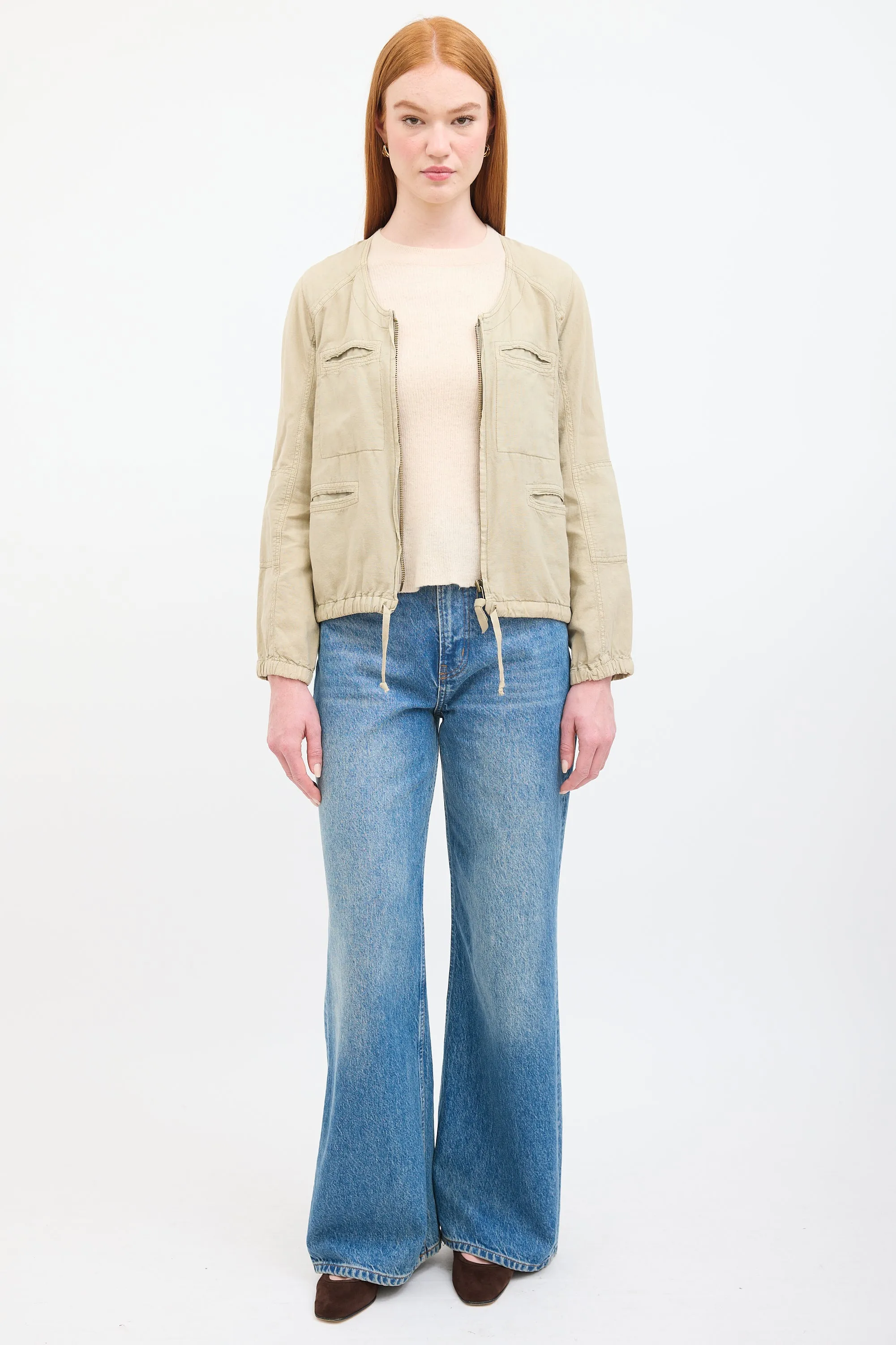 Beige Linen Utility Zip Jacket