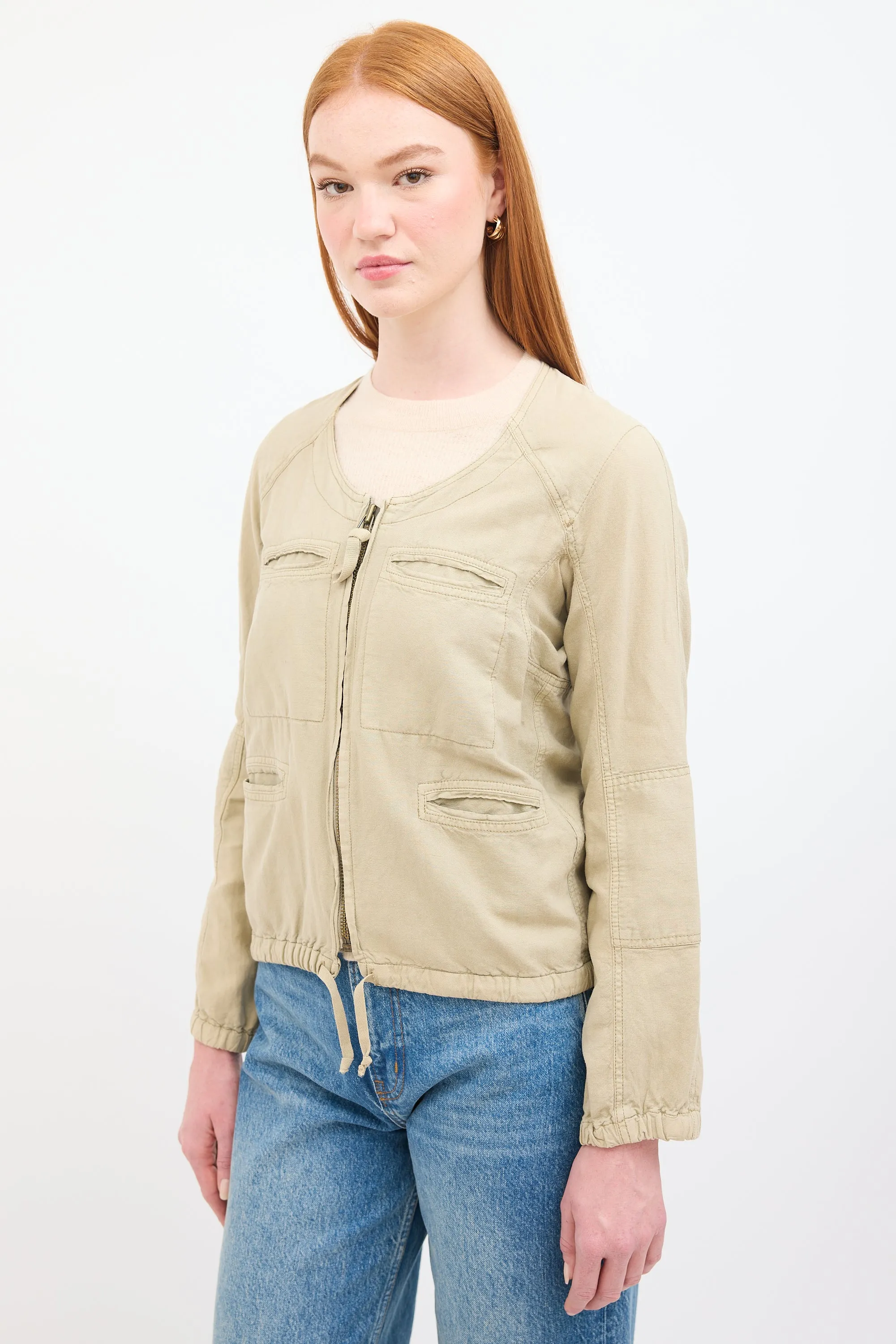Beige Linen Utility Zip Jacket