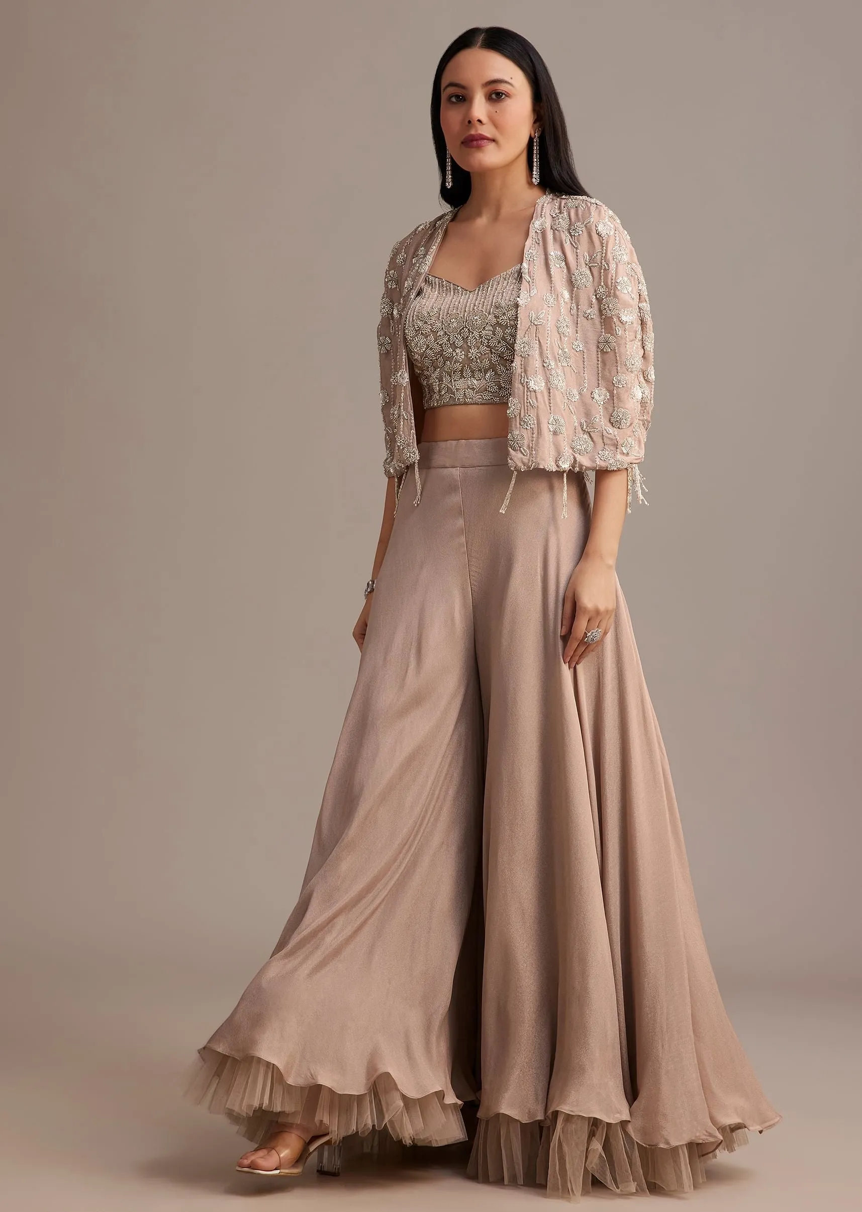 Beige Palazzo Set With Beads Sequins And Tassel Detailed Cape
