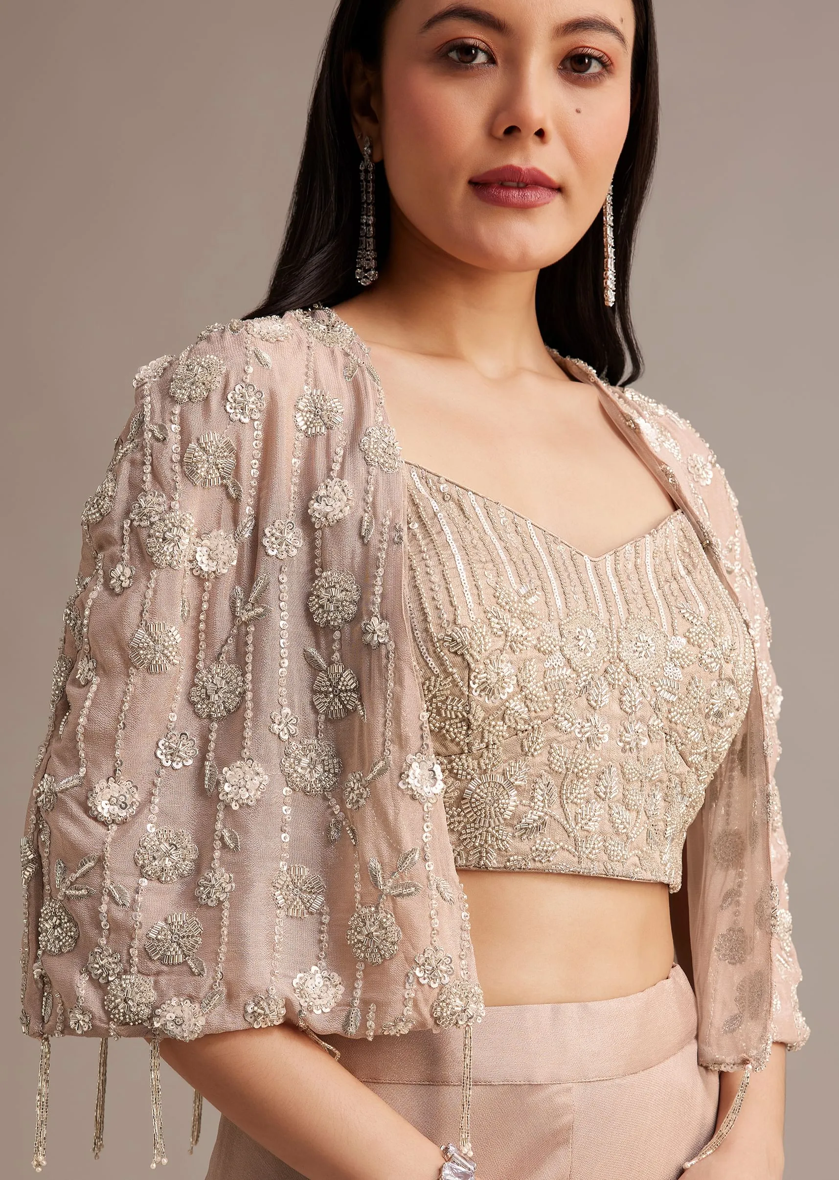 Beige Palazzo Set With Beads Sequins And Tassel Detailed Cape