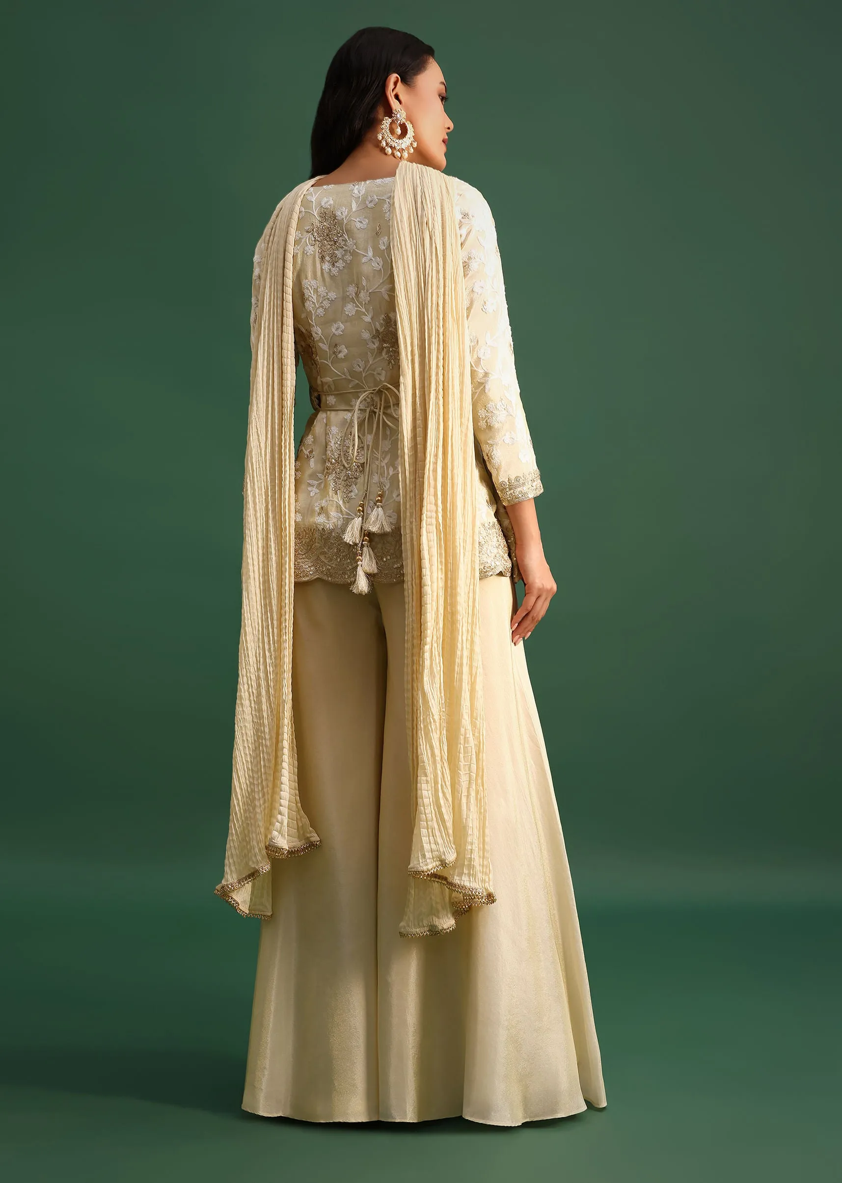Beige Tissue Kurta Palazzo Set With Sequin And Resham Work