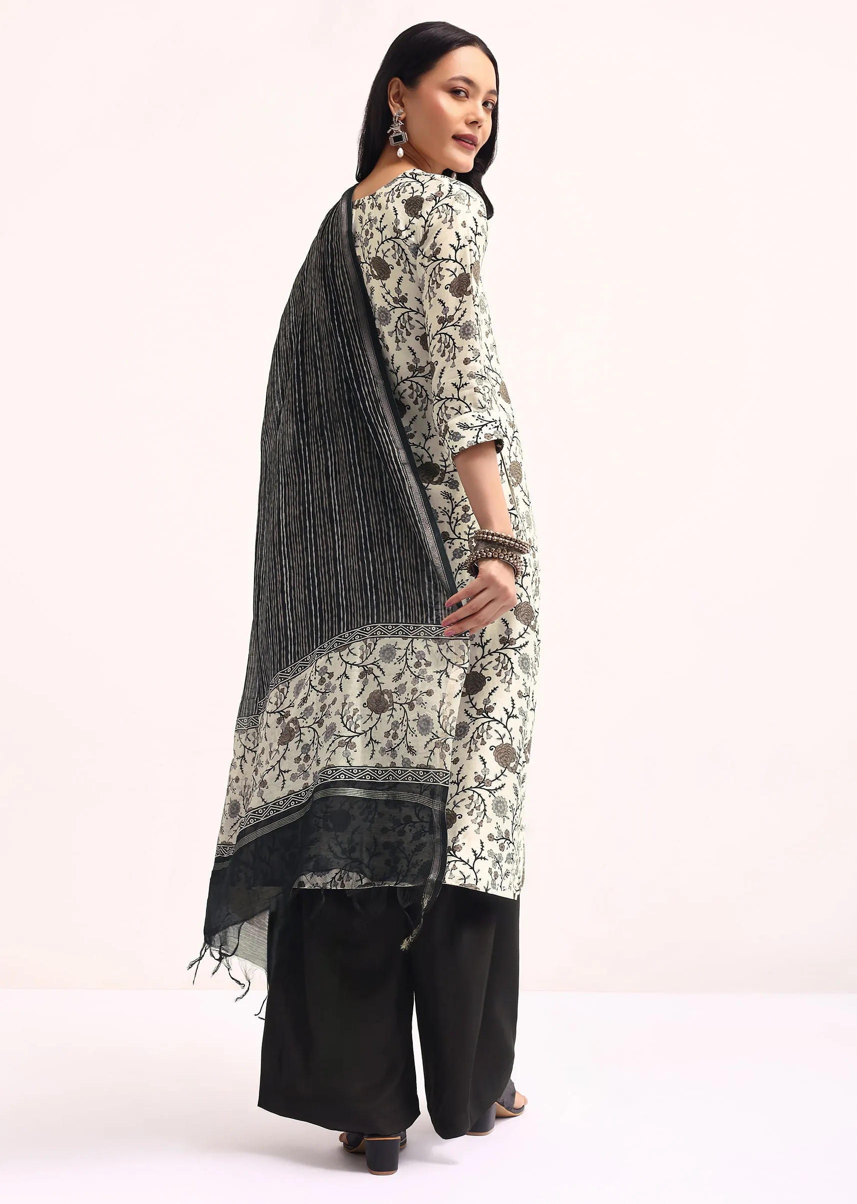 Black And Ivory Printed Chanderi Kurta Palazzo Set