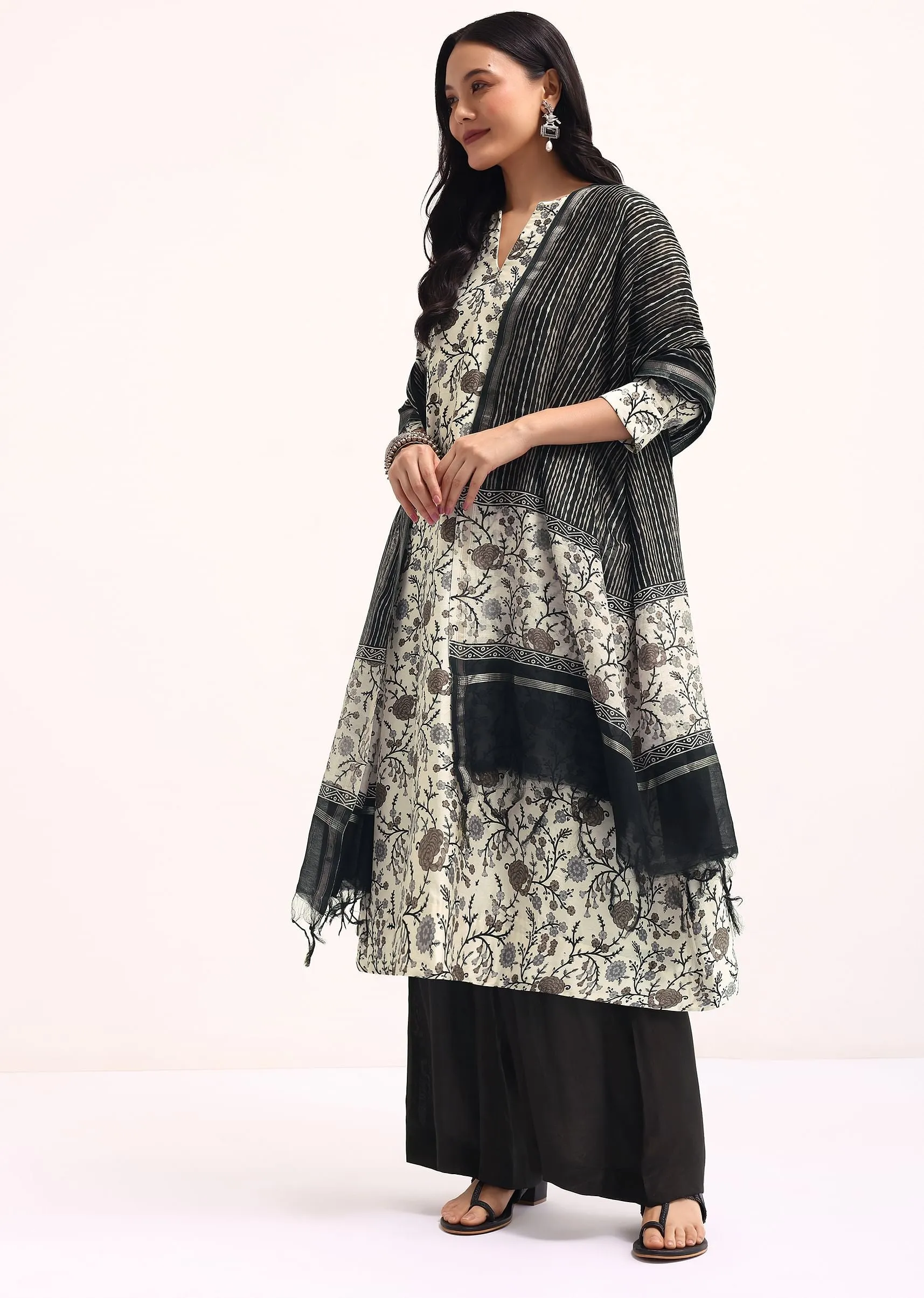 Black And Ivory Printed Chanderi Kurta Palazzo Set