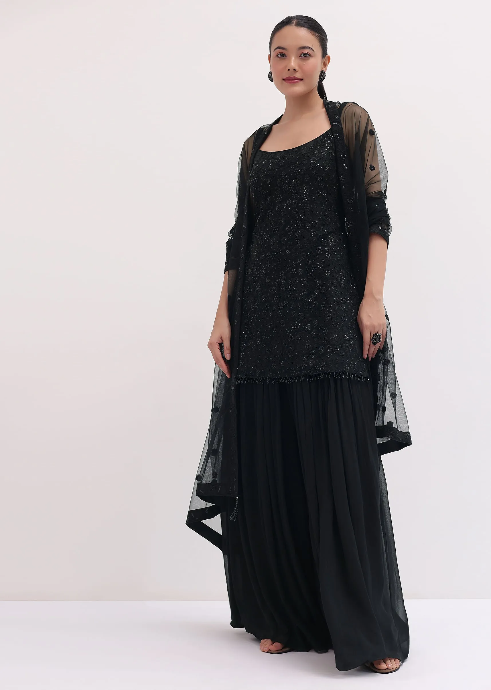 Black Embroidered Net Kurta Palazzo Set