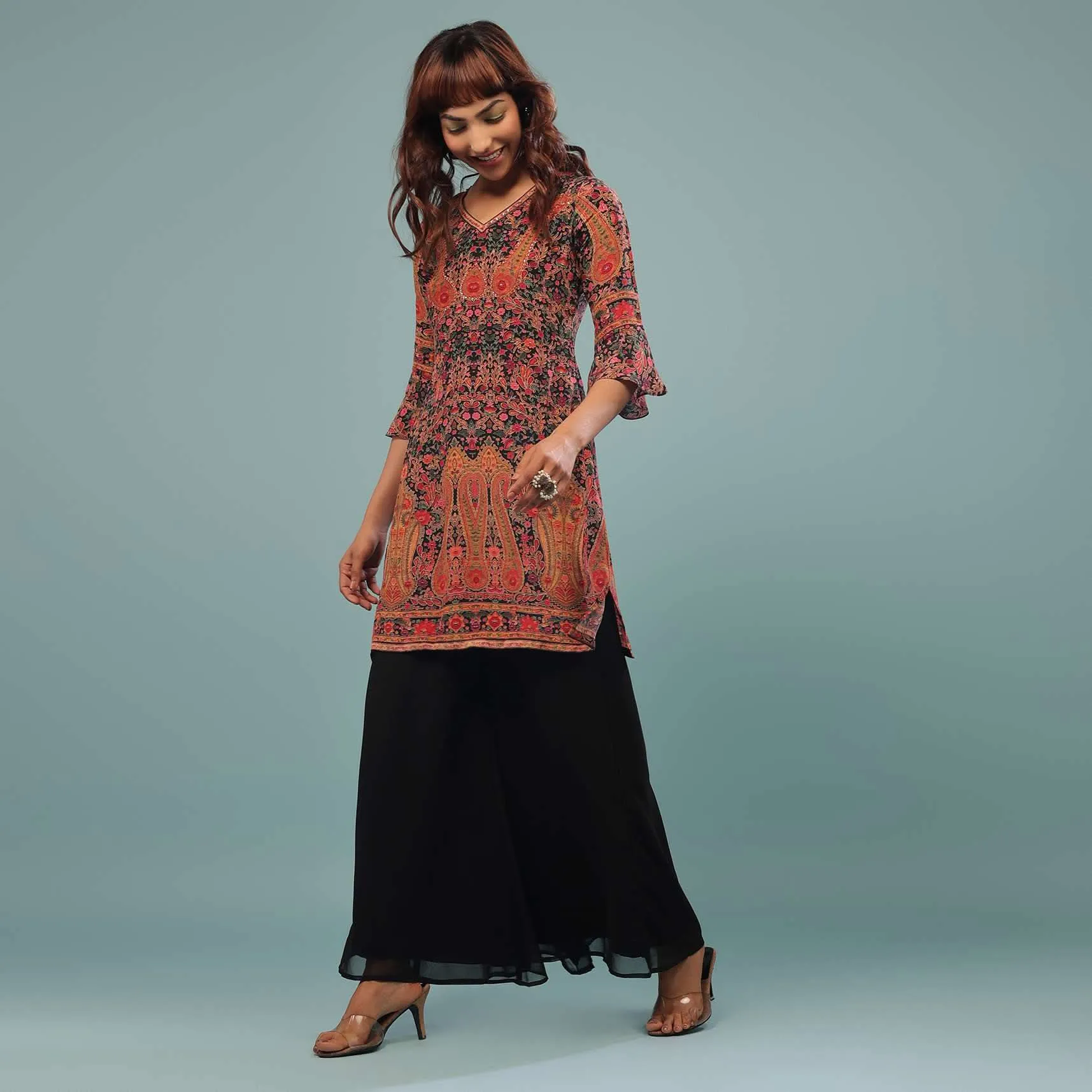 Black Printed Palazzo Suit In Georgette With Multicolored Kashmiri Print