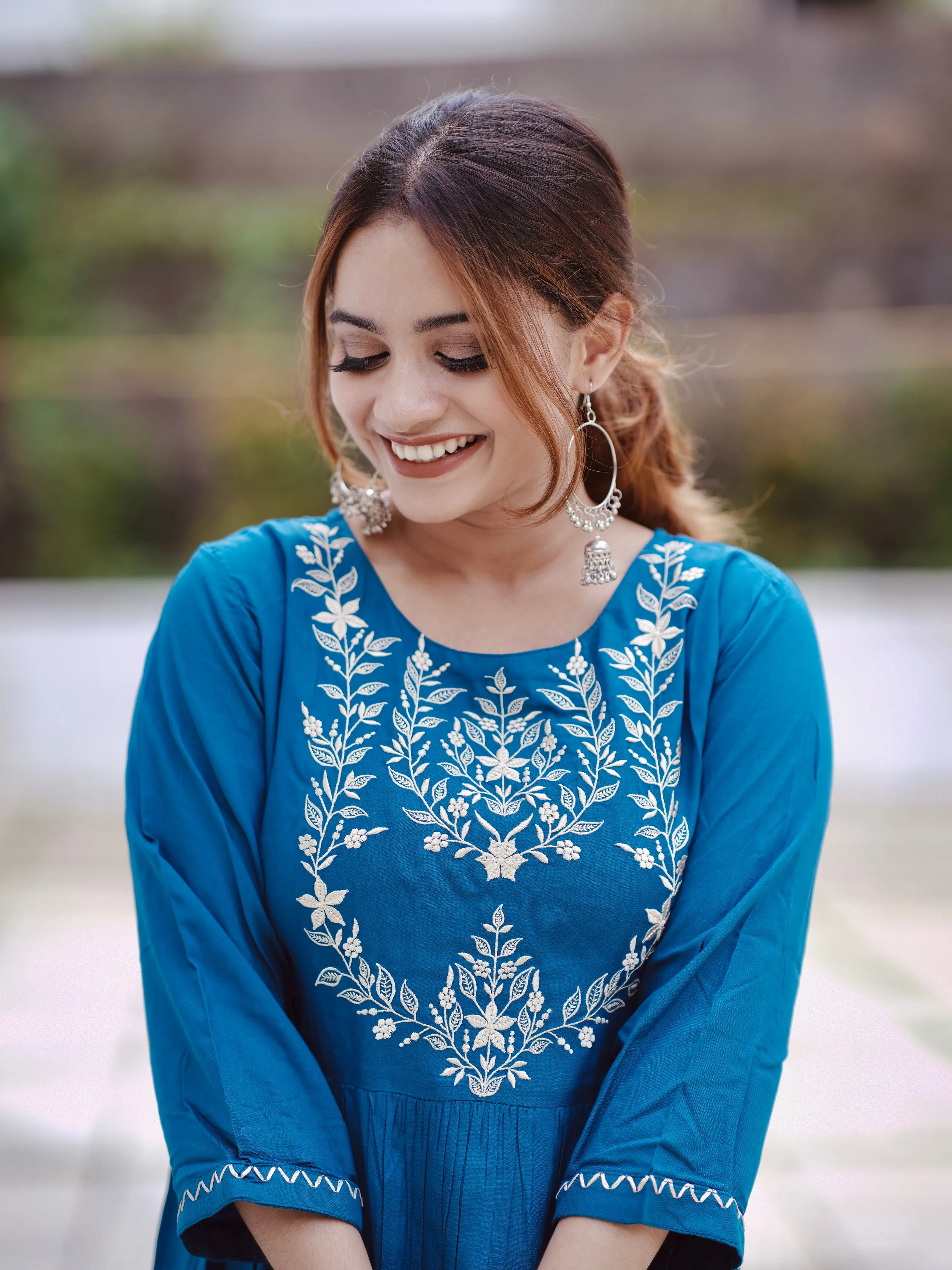 Blue Embroidery Print Short Top For Women (GBFT14847)