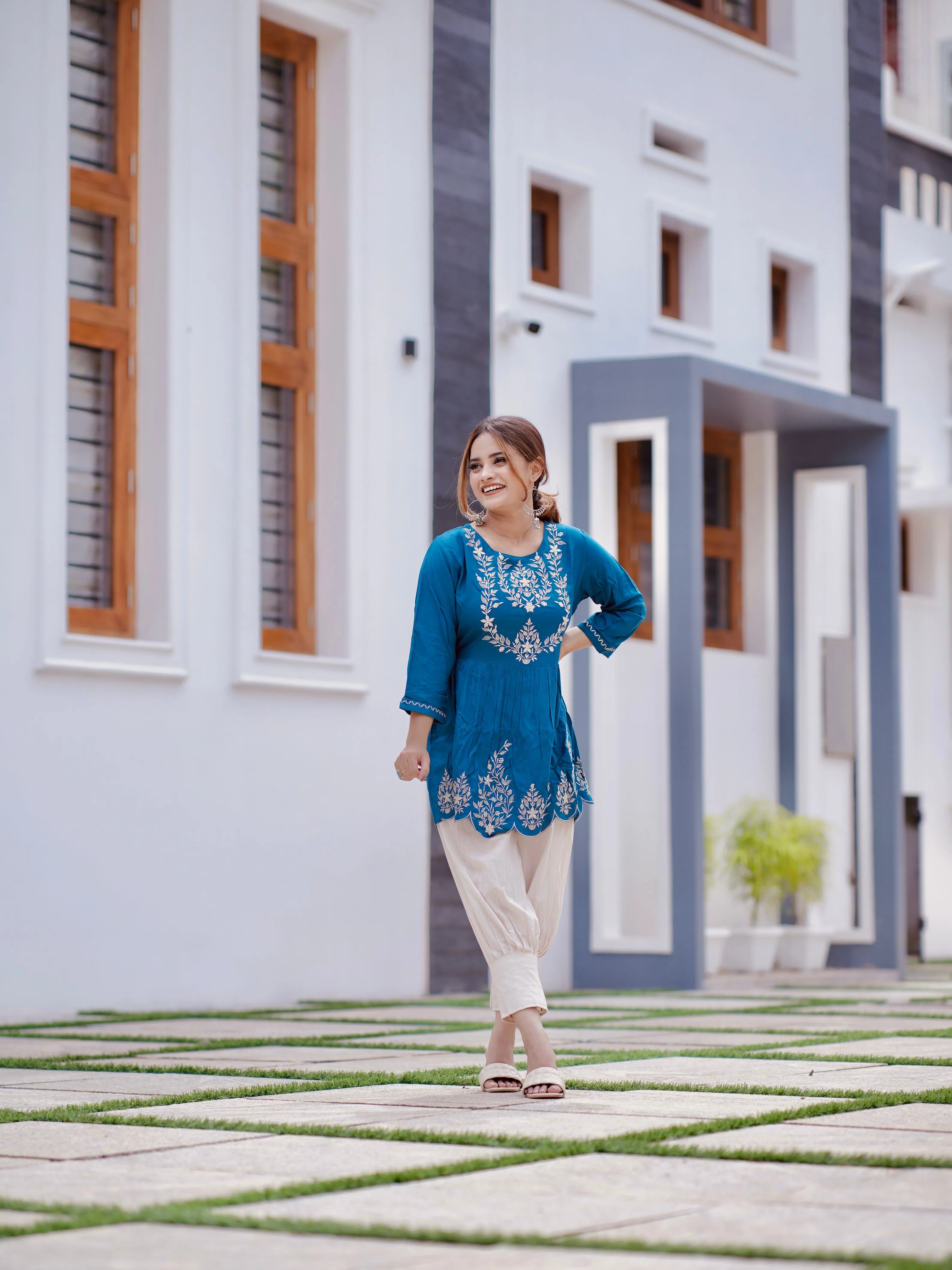 Blue Embroidery Print Short Top For Women (GBFT14847)