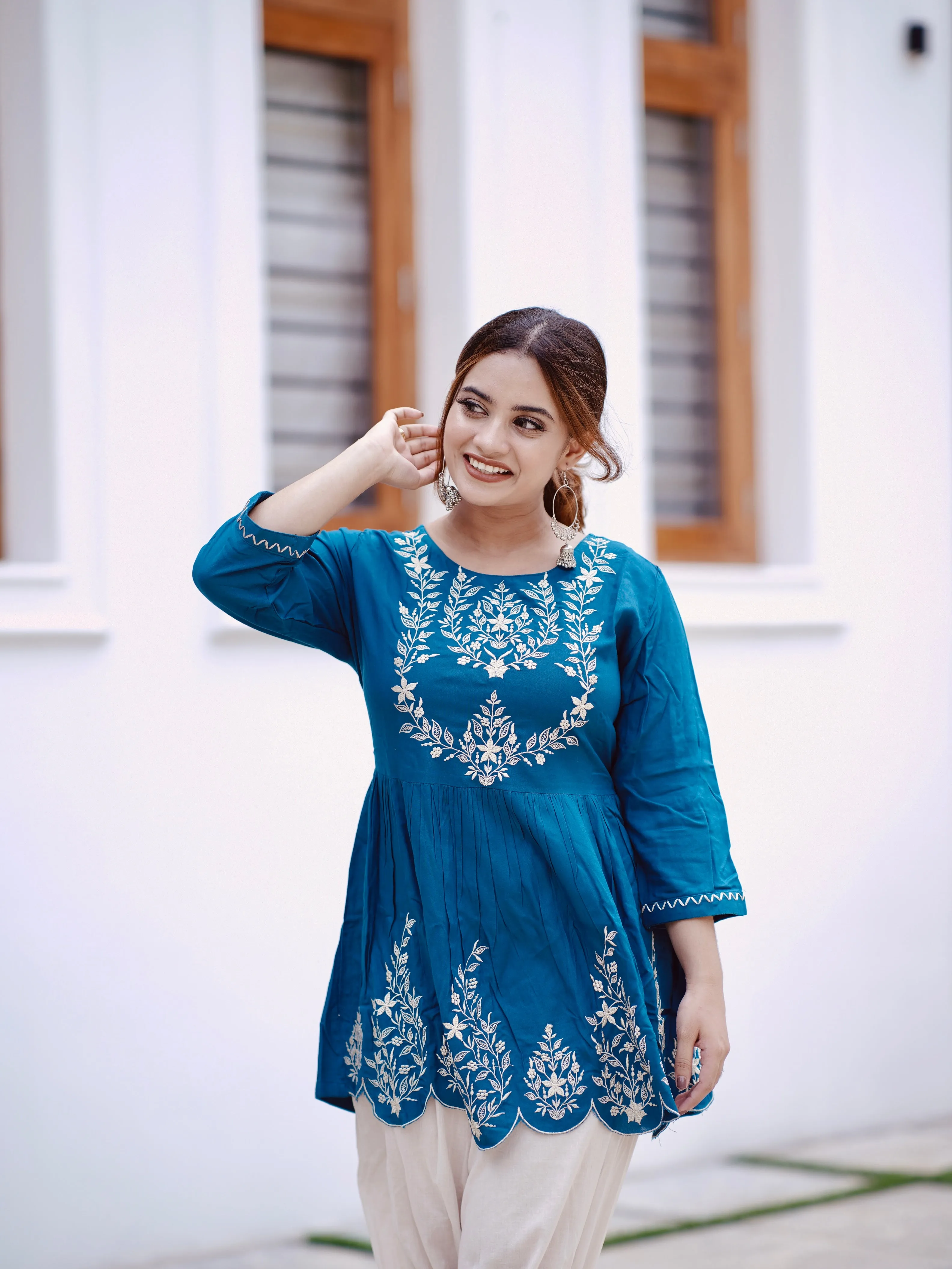 Blue Embroidery Print Short Top For Women (GBFT14847)