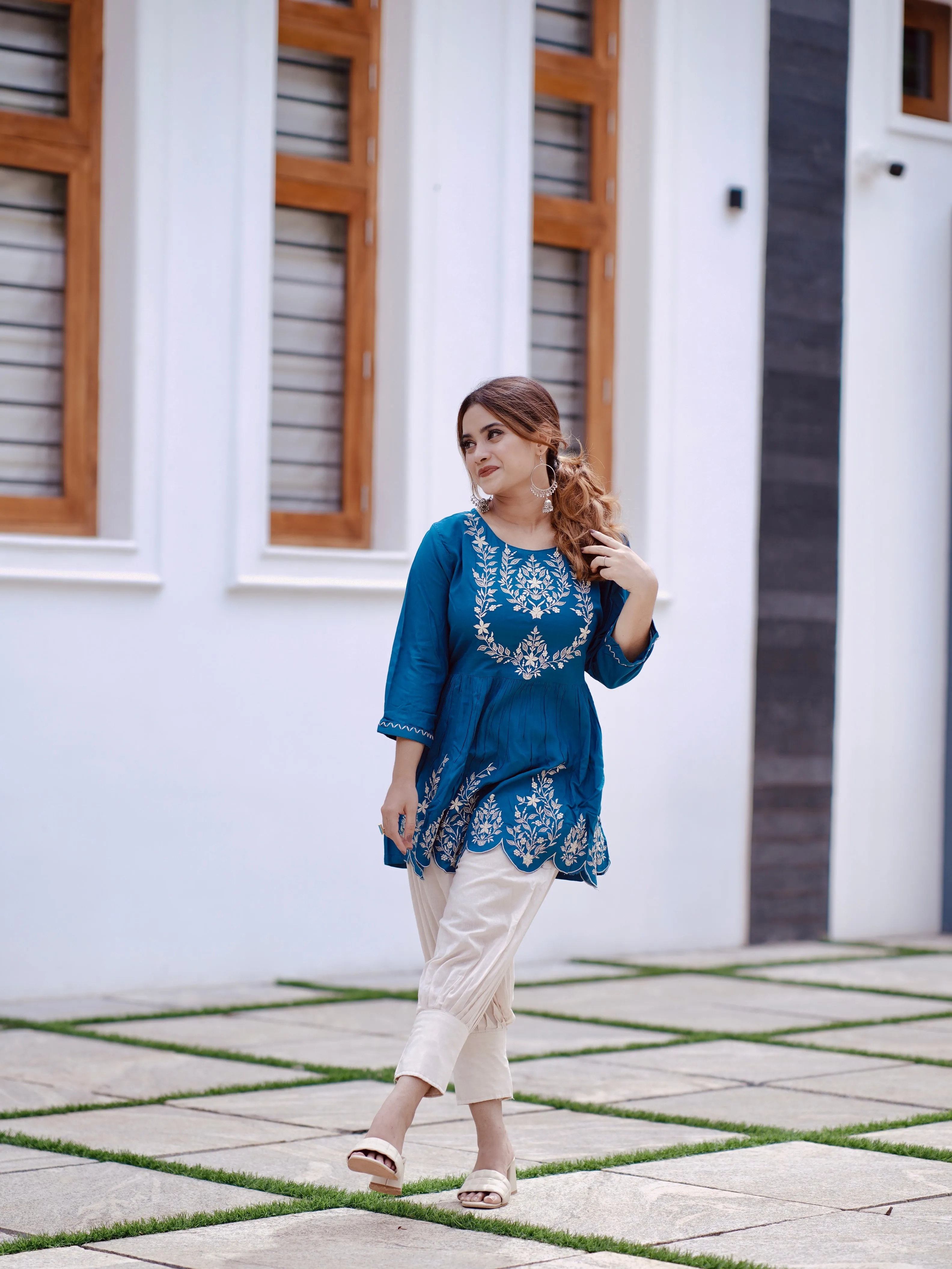 Blue Embroidery Print Short Top For Women (GBFT14847)