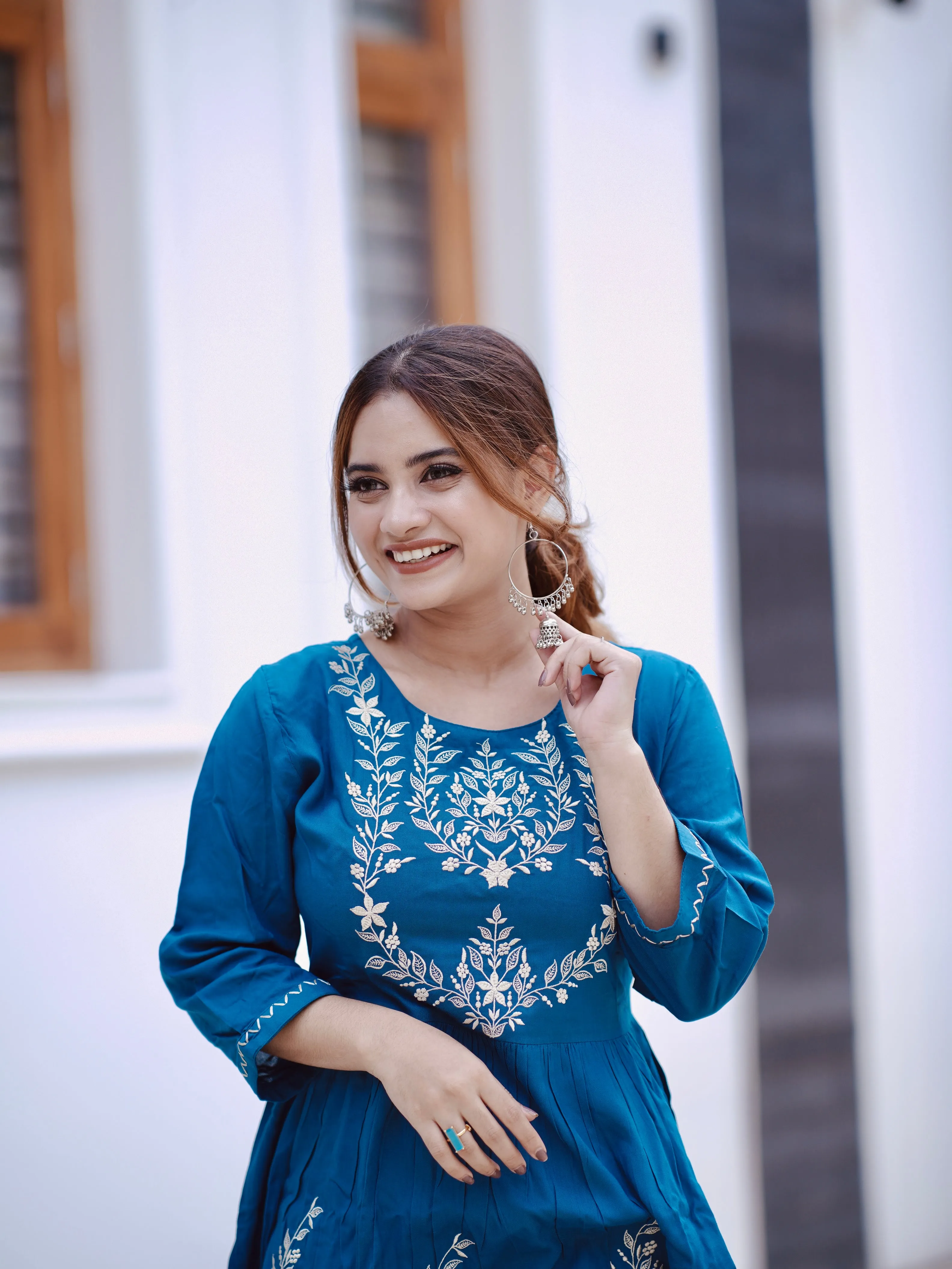 Blue Embroidery Print Short Top For Women (GBFT14847)