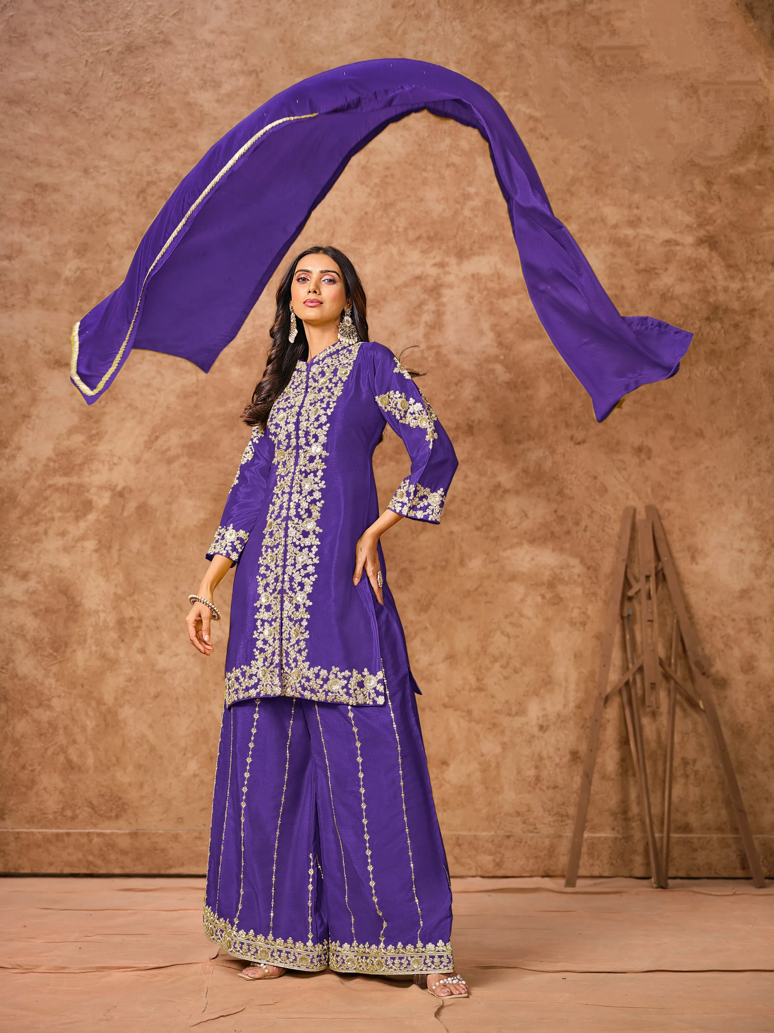 Blue Real Chinon Embroidered Palazzo Suit