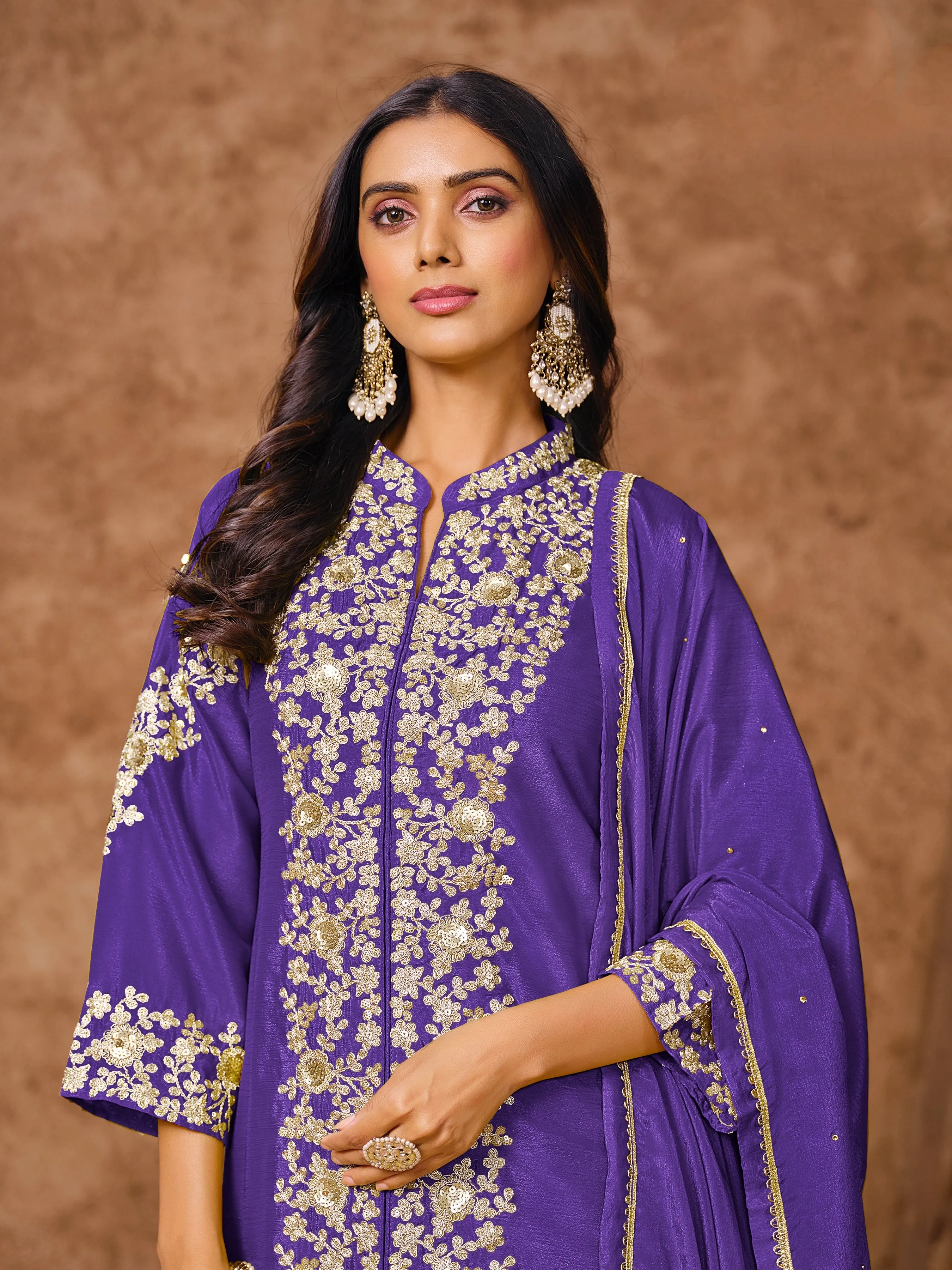 Blue Real Chinon Embroidered Palazzo Suit