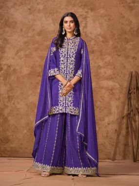 Blue Real Chinon Embroidered Palazzo Suit