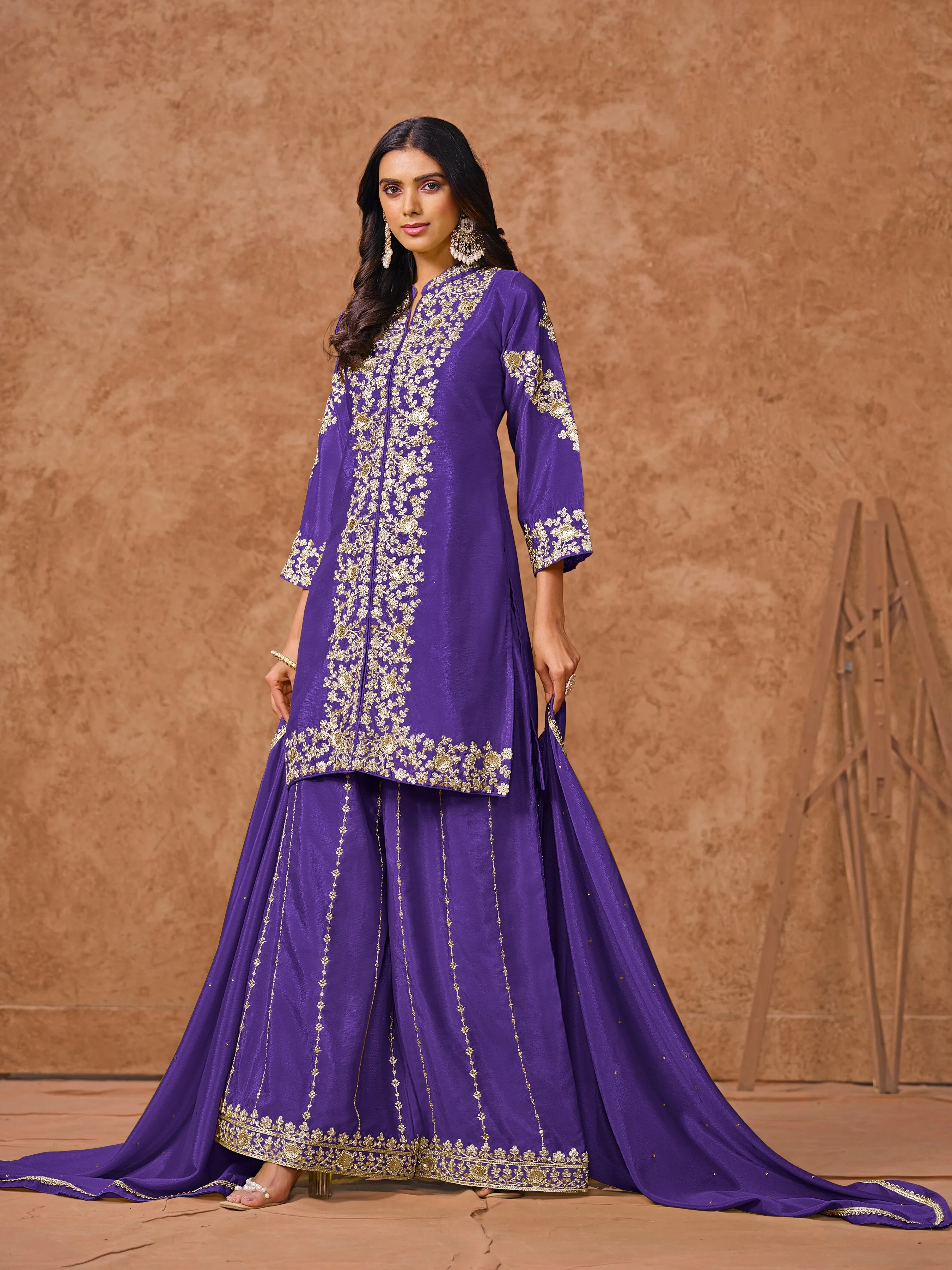 Blue Real Chinon Embroidered Palazzo Suit