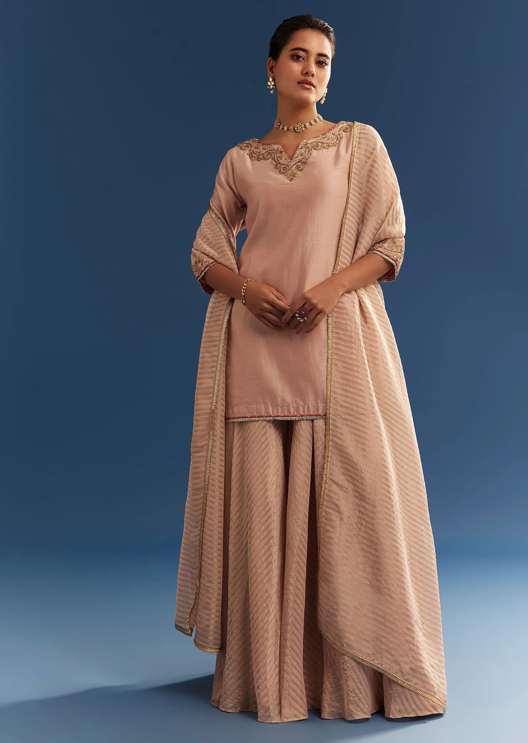 Blush Pink Chanderi Kurta Palazzo Set With Organza Dupatta