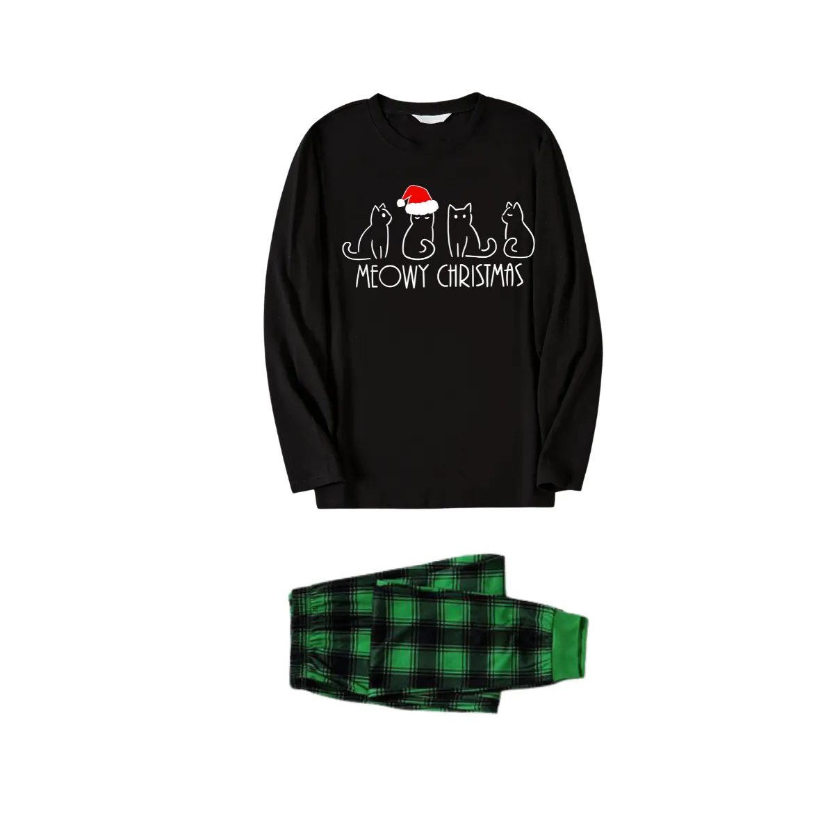 Christmas Cartoon Cat Print Black Long Sleeve Top with Green and Black Plaid Couple Matching Pajamas