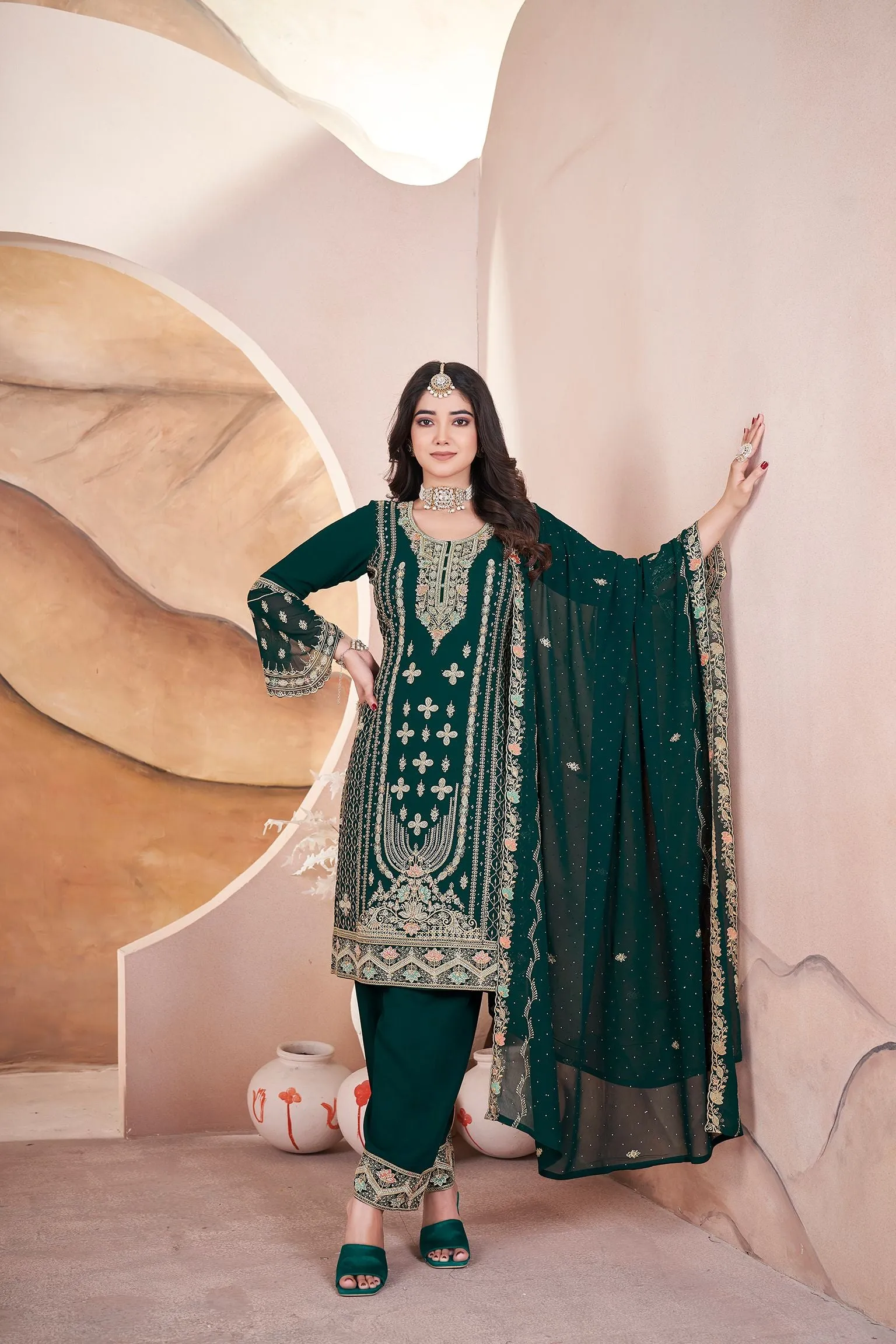 Dark Green Pure Georgette Heavy Embroidered Work Salwar Suit