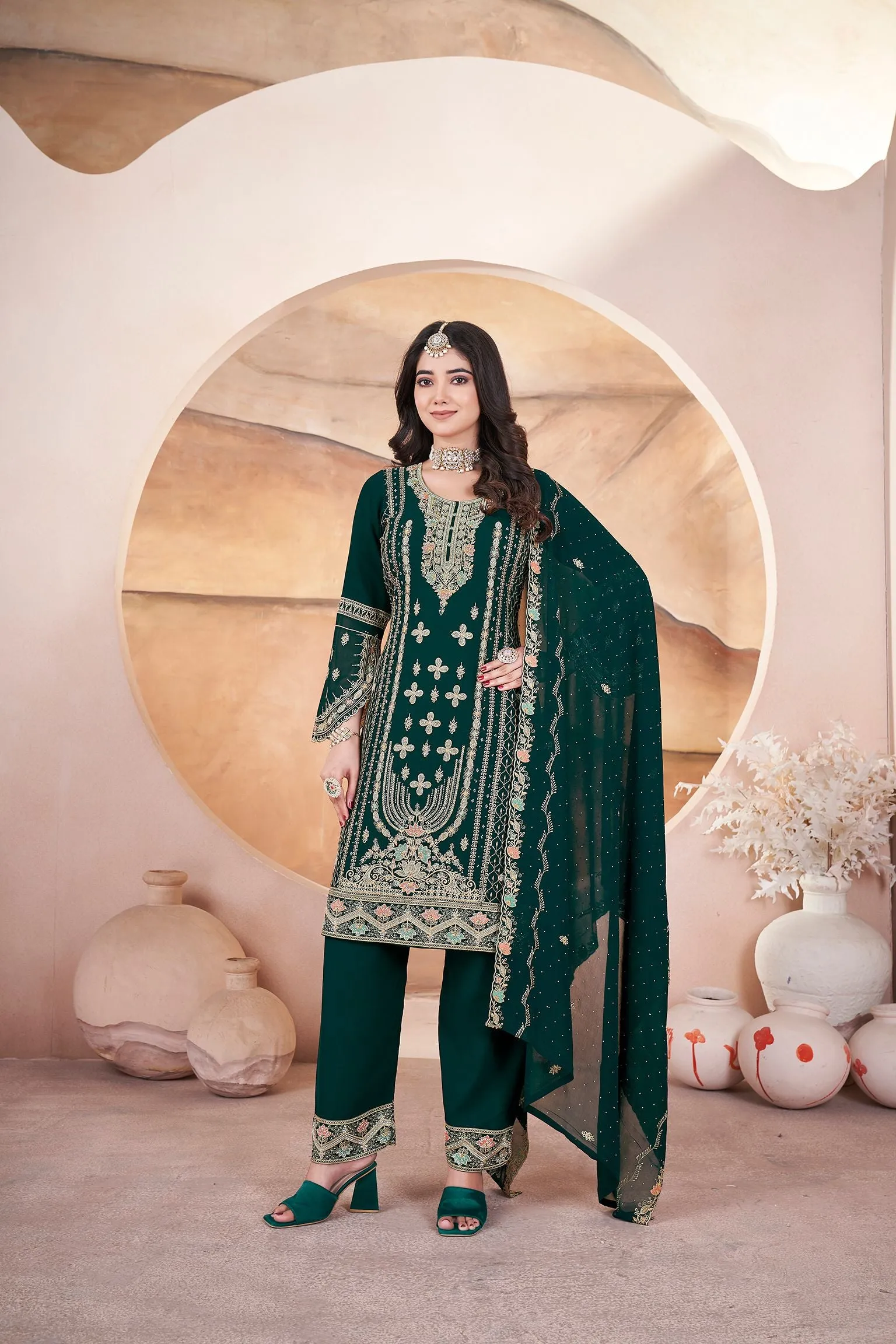 Dark Green Pure Georgette Heavy Embroidered Work Salwar Suit