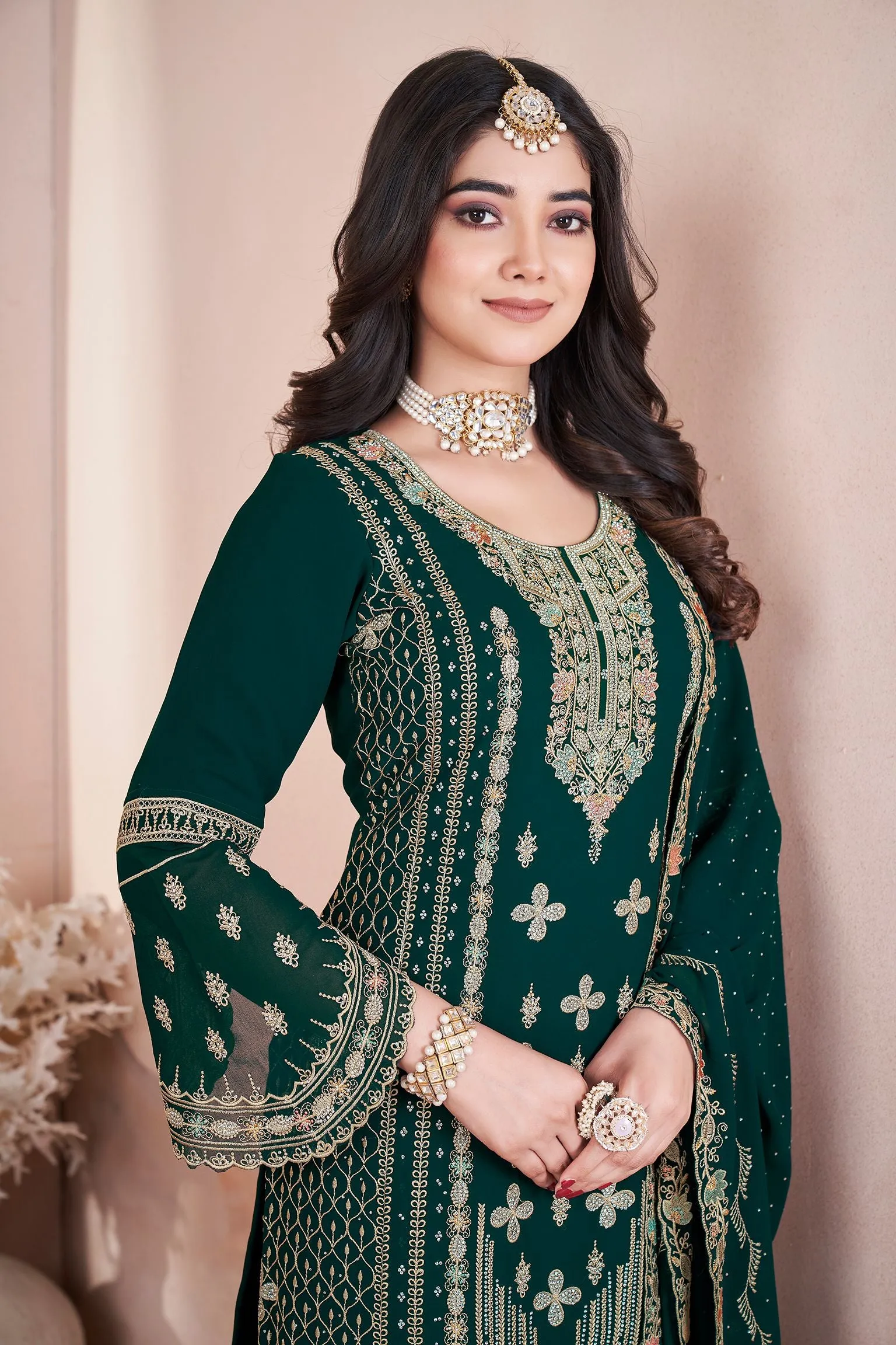 Dark Green Pure Georgette Heavy Embroidered Work Salwar Suit