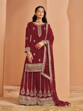 Dark Red Real Pure Faux Georgette Embroidered Palazzo Suit