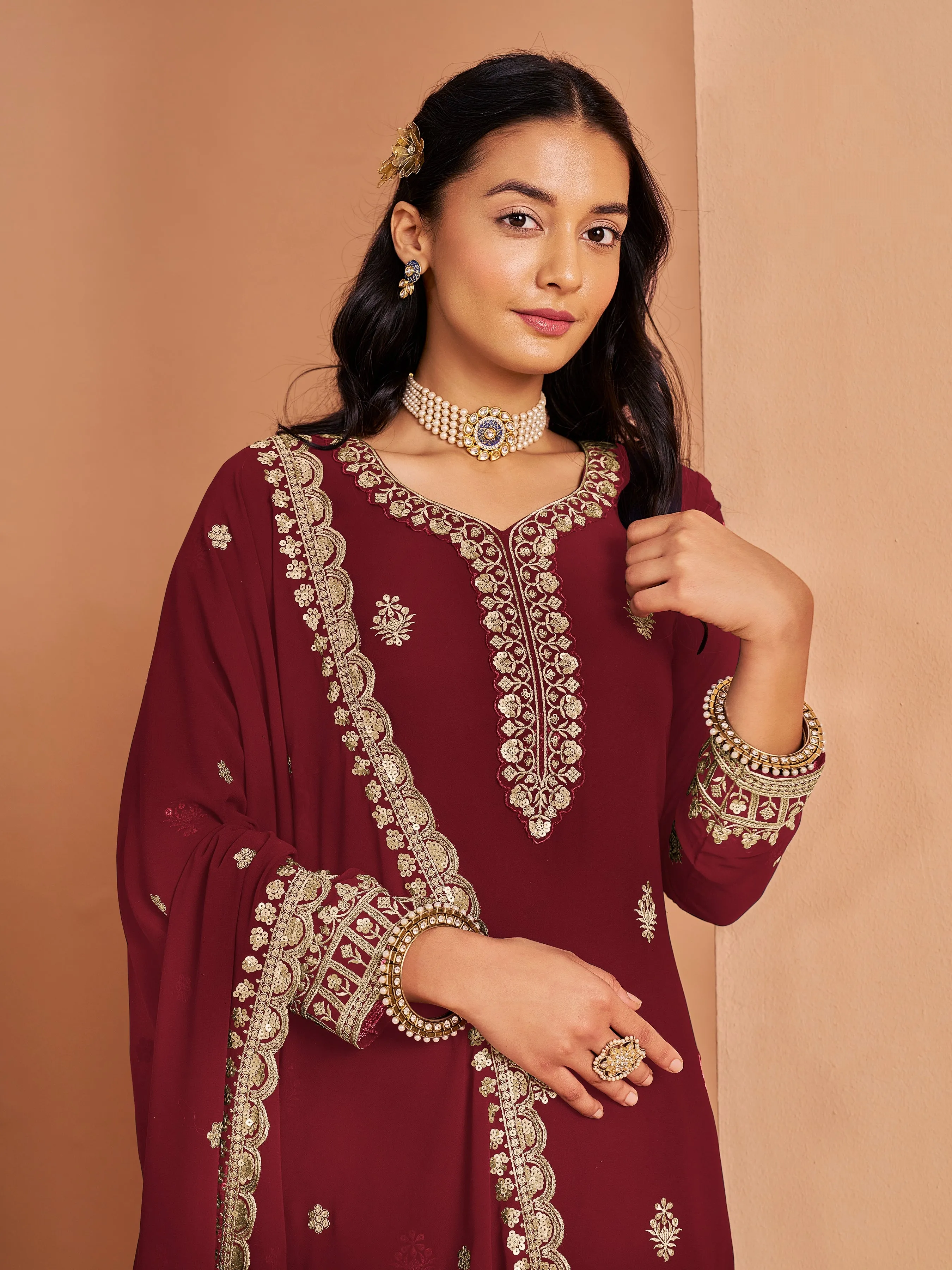 Dark Red Real Pure Faux Georgette Embroidered Palazzo Suit