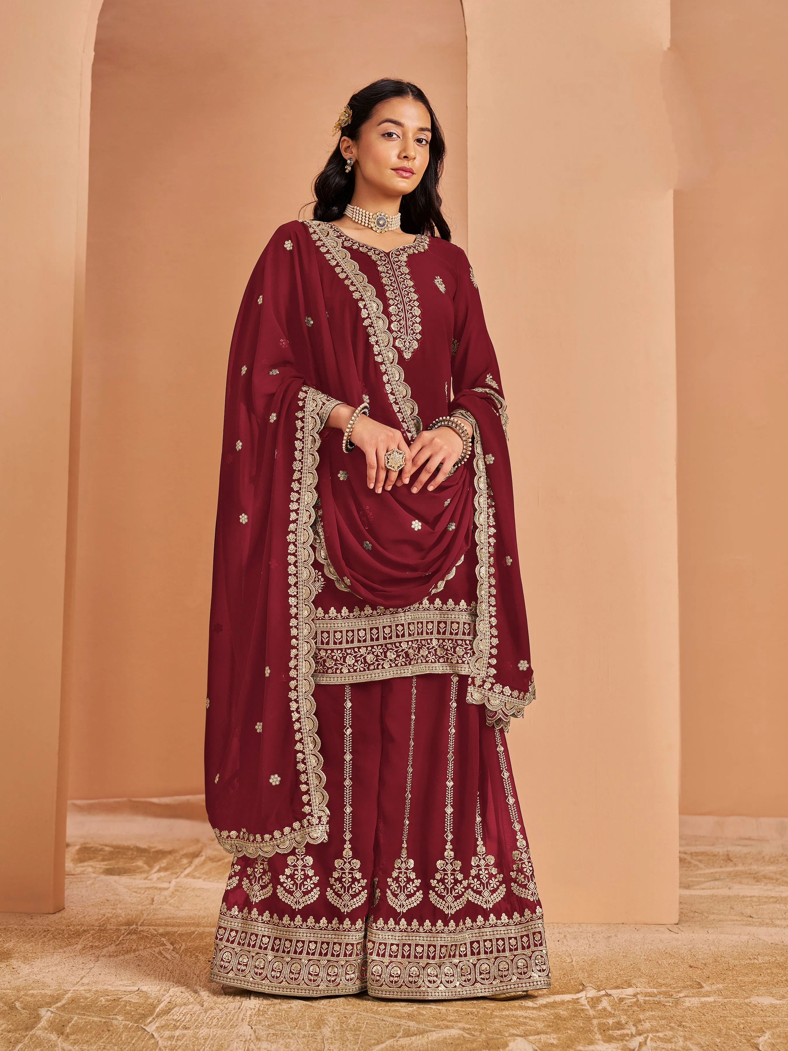 Dark Red Real Pure Faux Georgette Embroidered Palazzo Suit