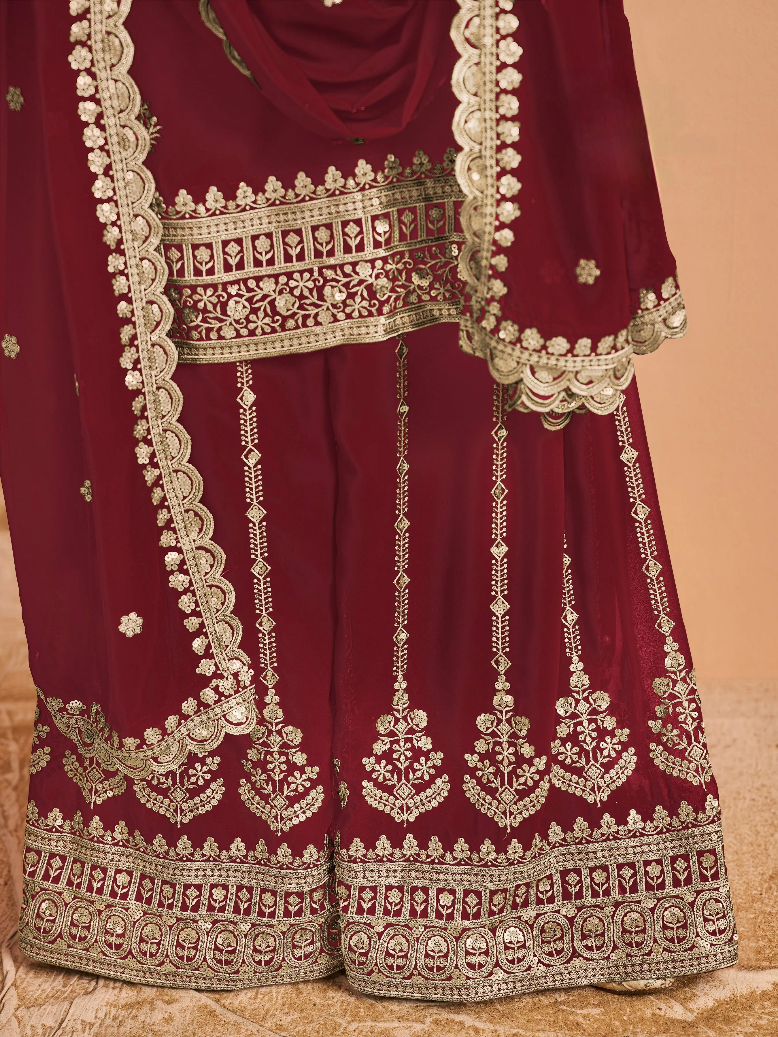 Dark Red Real Pure Faux Georgette Embroidered Palazzo Suit