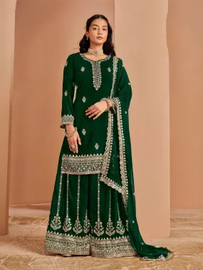 Green Real Pure Faux Georgette Embroidered Palazzo Suit