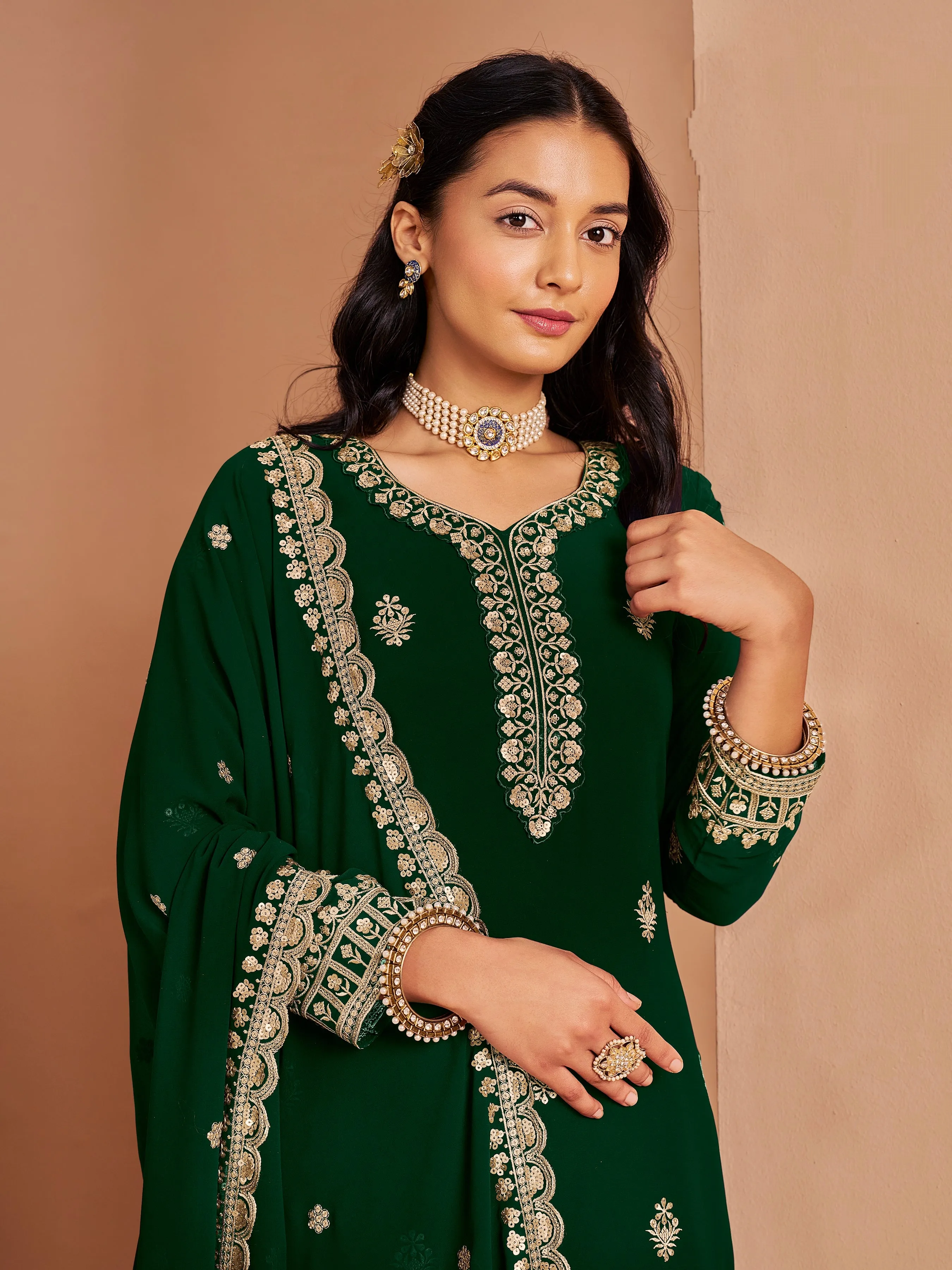 Green Real Pure Faux Georgette Embroidered Palazzo Suit