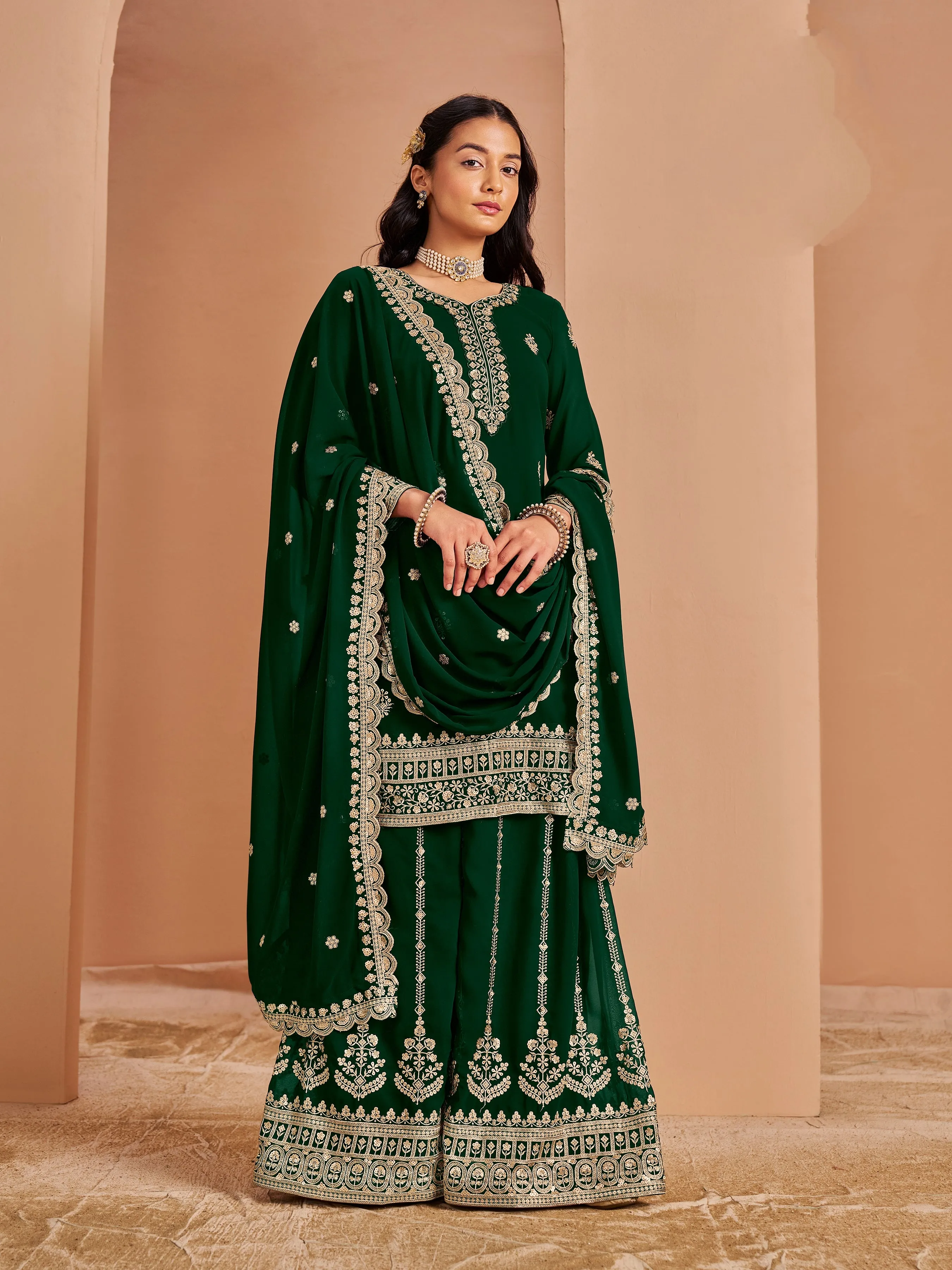 Green Real Pure Faux Georgette Embroidered Palazzo Suit