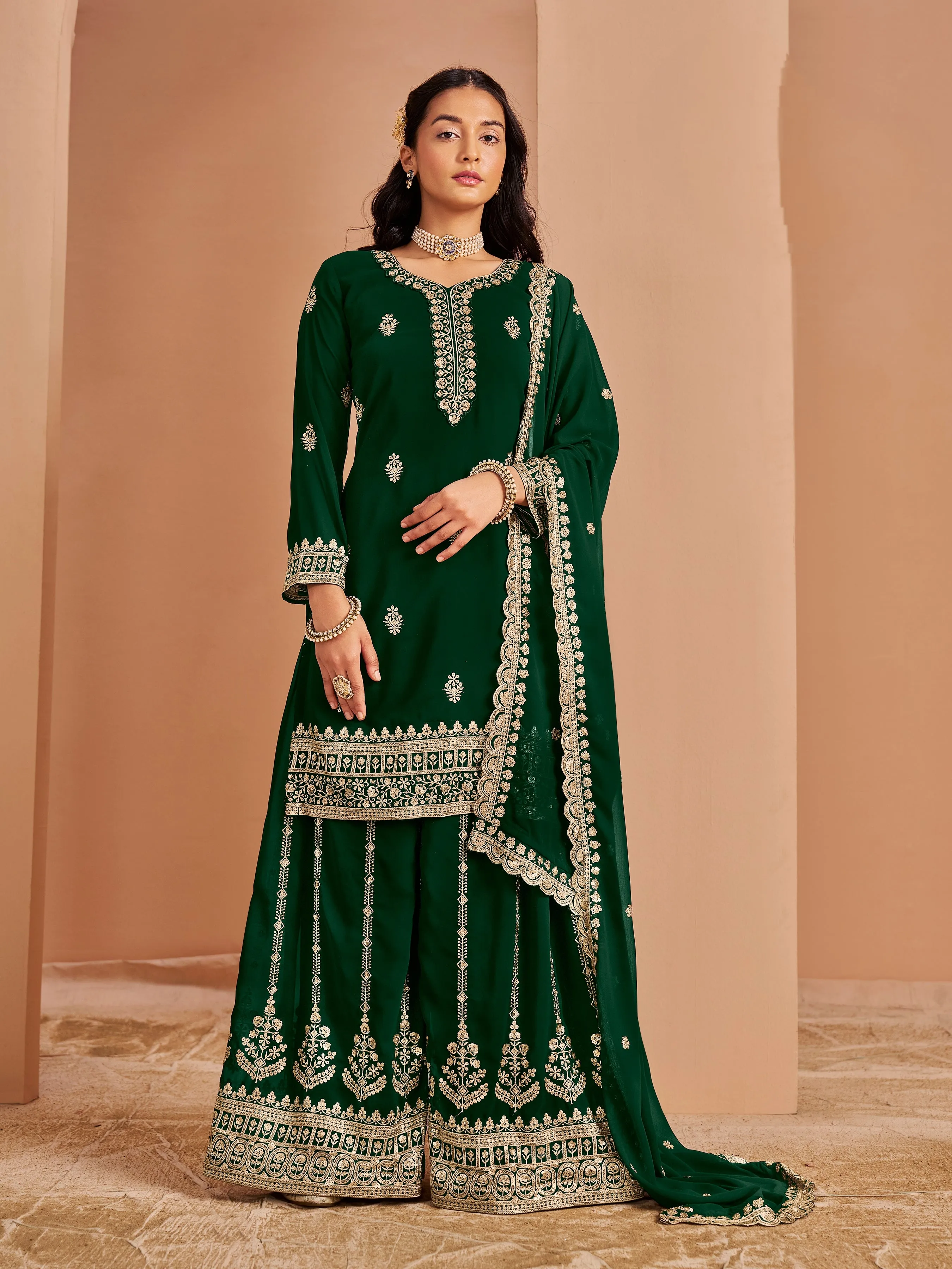 Green Real Pure Faux Georgette Embroidered Palazzo Suit