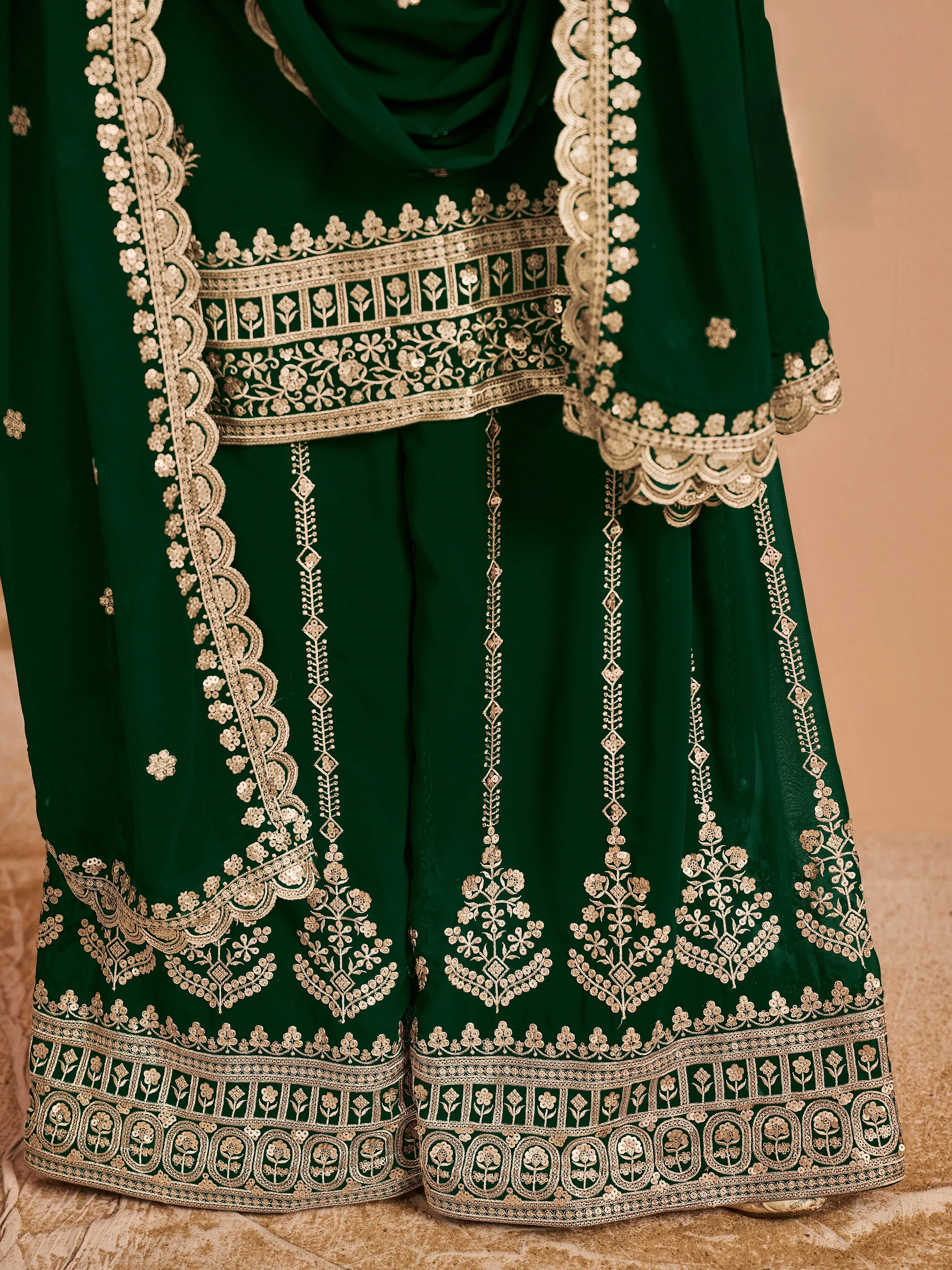 Green Real Pure Faux Georgette Embroidered Palazzo Suit