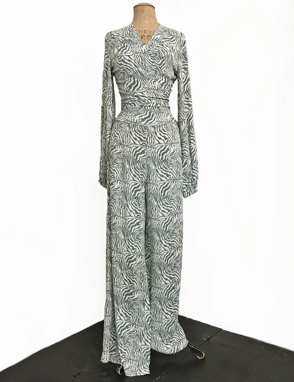 Green Zebra Print Retro High Waisted Palazzo Pants