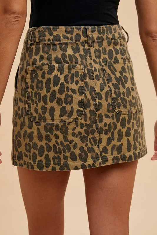 Leopard Print Denim Mini Skirt – High-Waisted Pocketed Jean Skirt