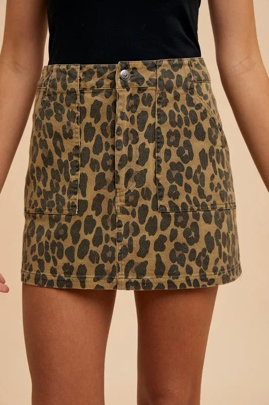 Leopard Print Denim Mini Skirt – High-Waisted Pocketed Jean Skirt