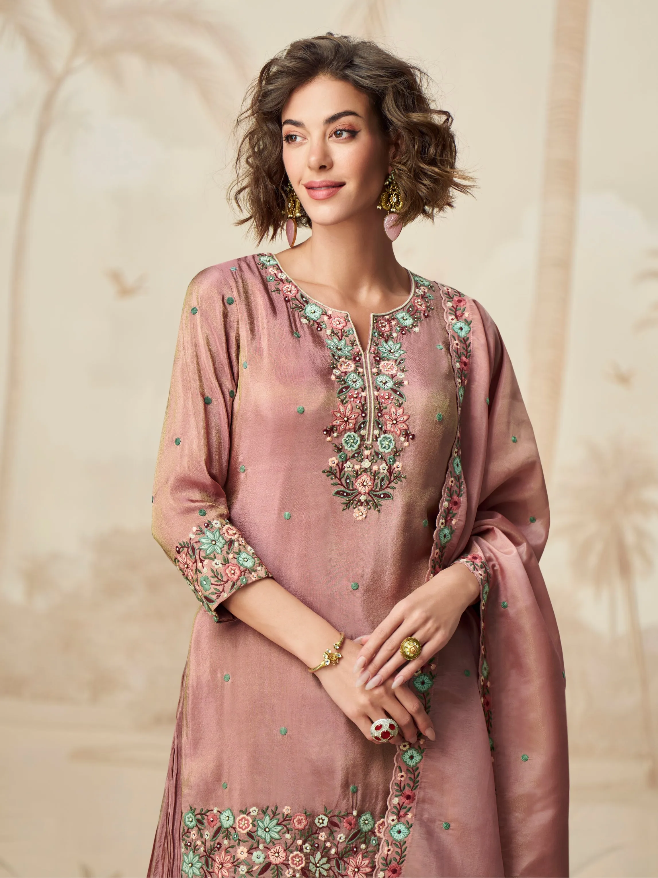 Mauve Embroidered Palazzo Suit for Women