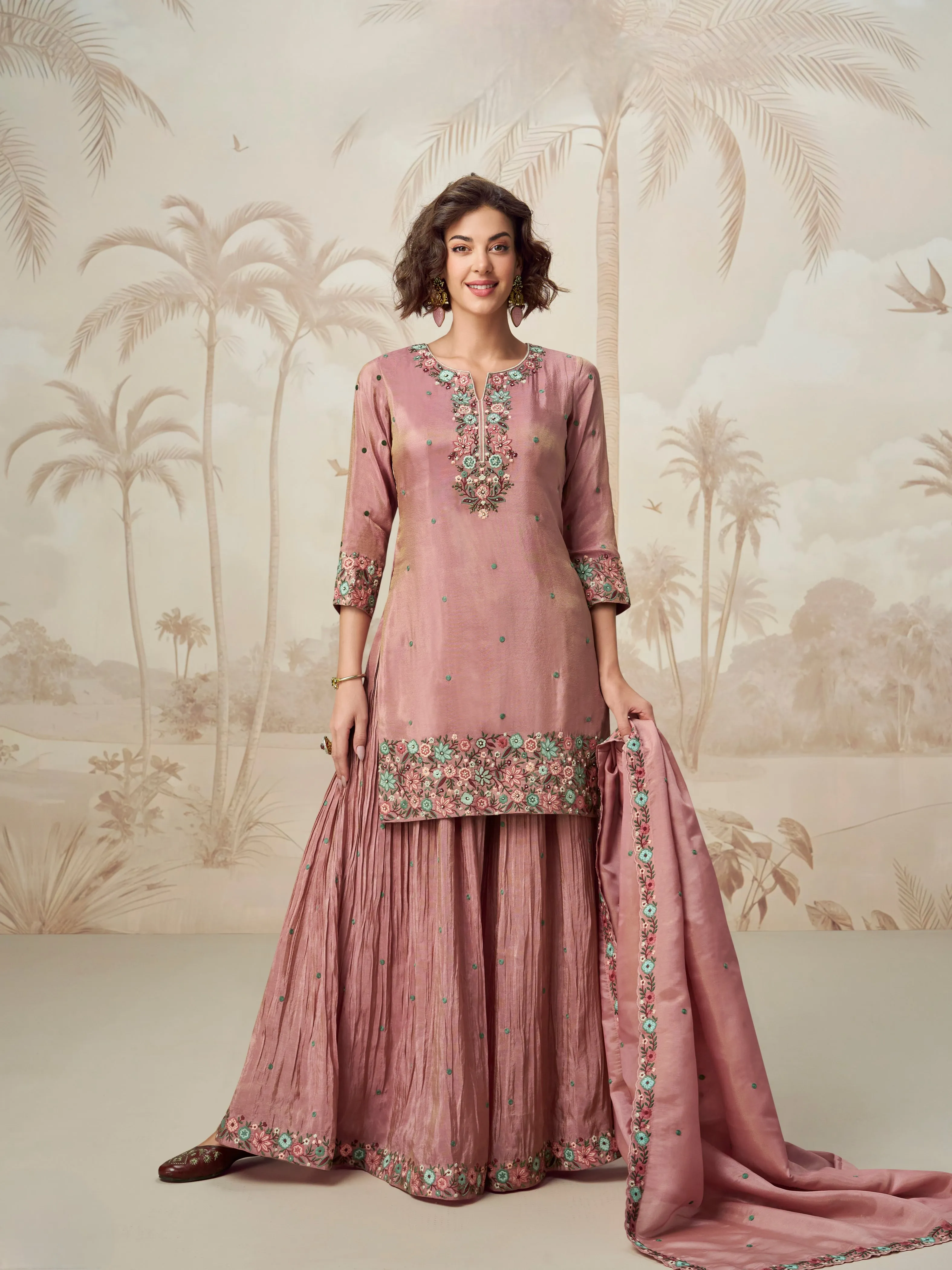 Mauve Embroidered Palazzo Suit for Women